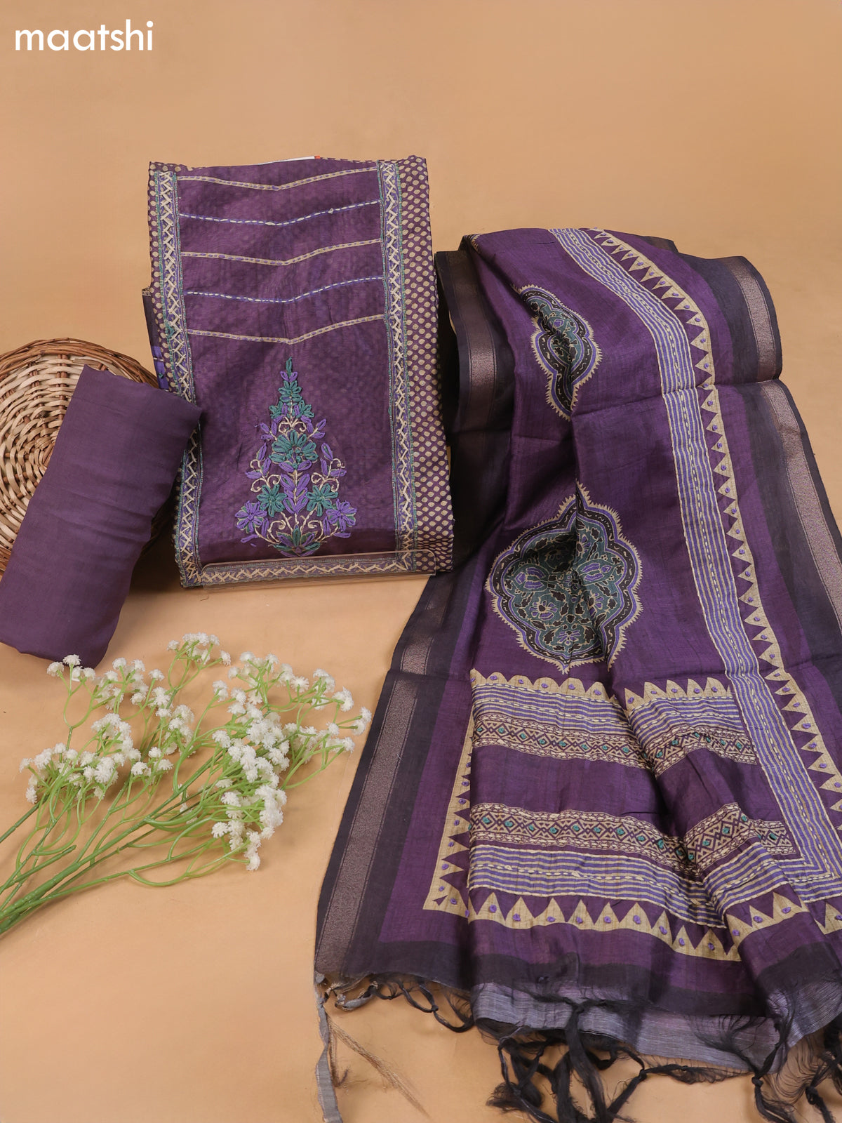 Lavender and Beige Mul Chanderi Dress Material With Allover Prints Embroidery Work Neck Pattern