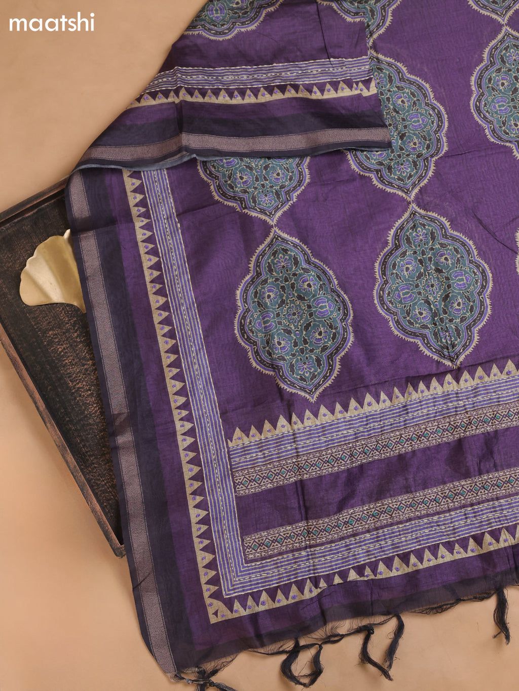 Lavender and Beige Mul Chanderi Dress Material With Allover Prints Embroidery Work Neck Pattern