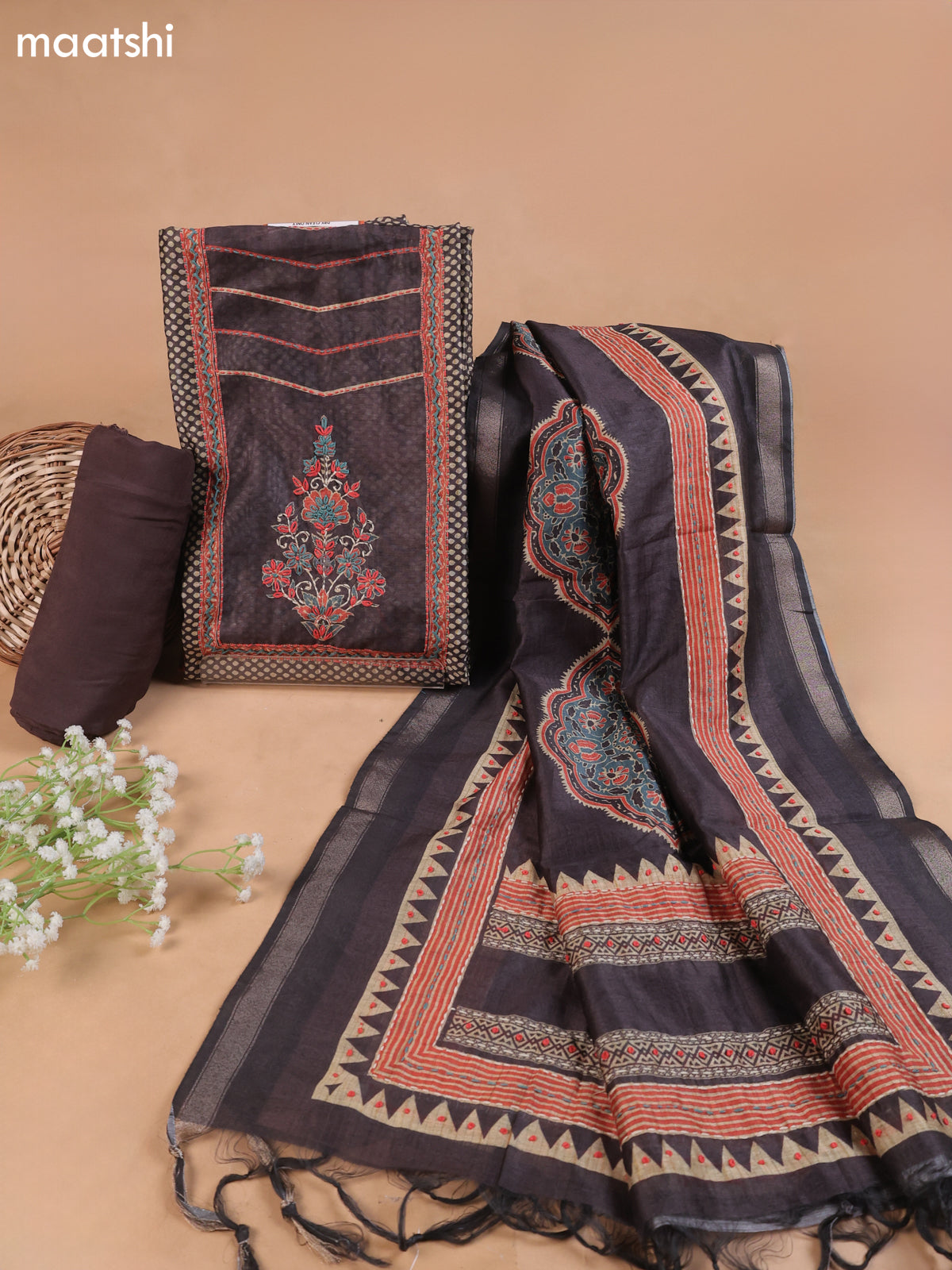Brown and Beige Mul Chanderi Dress Material With Allover Prints Embroidery Work Neck Pattern