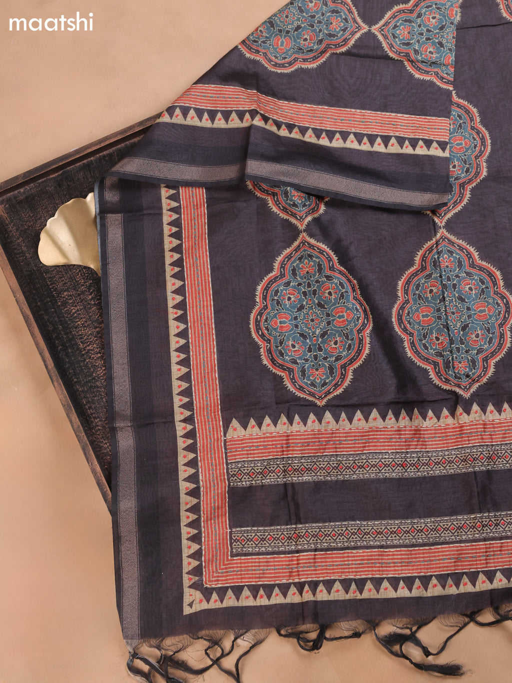 Brown and Beige Mul Chanderi Dress Material With Allover Prints Embroidery Work Neck Pattern