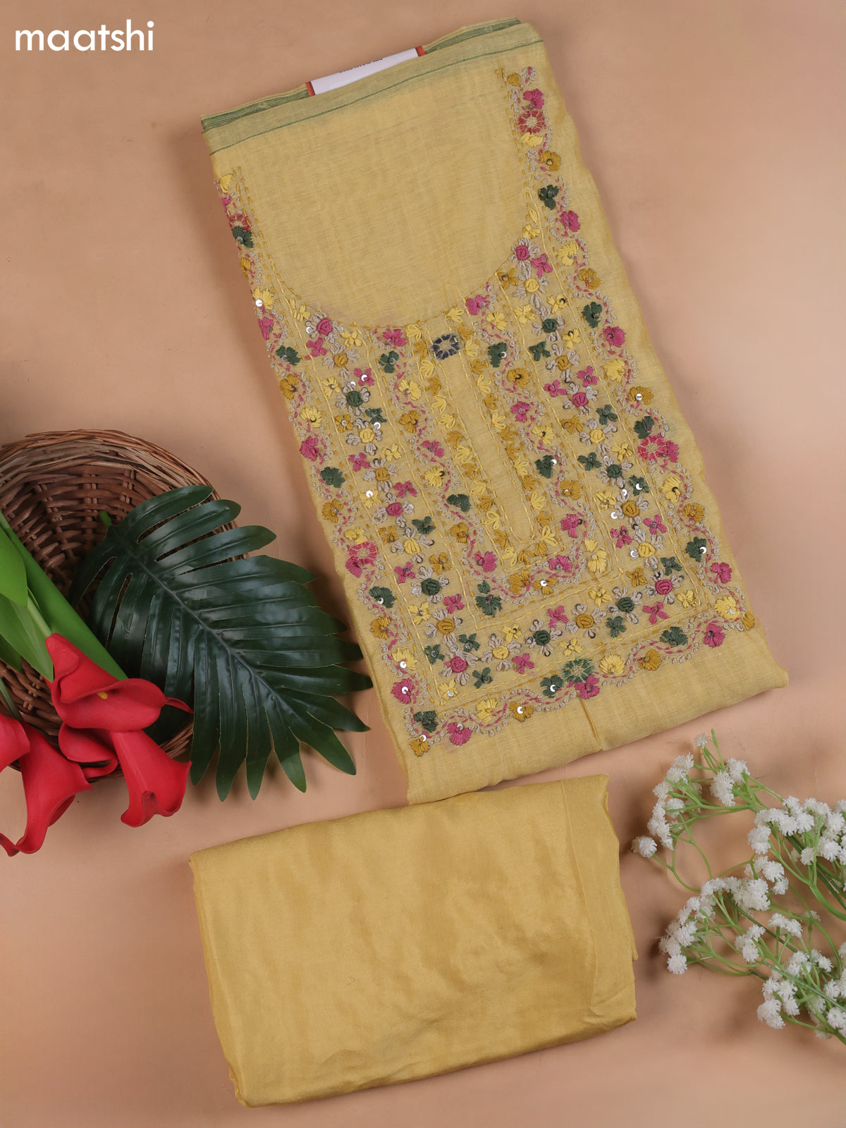 Yellow Munga Cotton Dress Material With Embroidery Work Neck Pattern