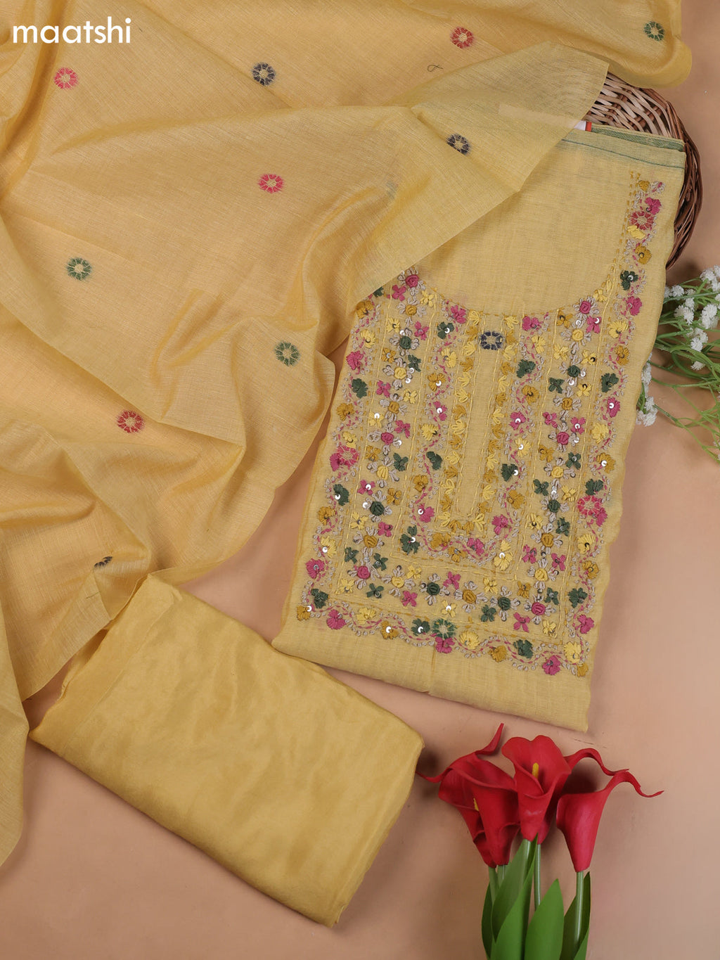 Yellow Munga Cotton Dress Material With Embroidery Work Neck Pattern