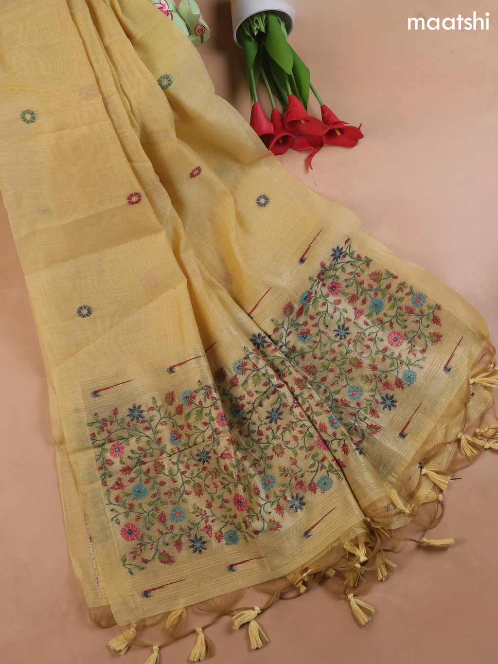 Yellow Munga Cotton Dress Material With Embroidery Work Neck Pattern