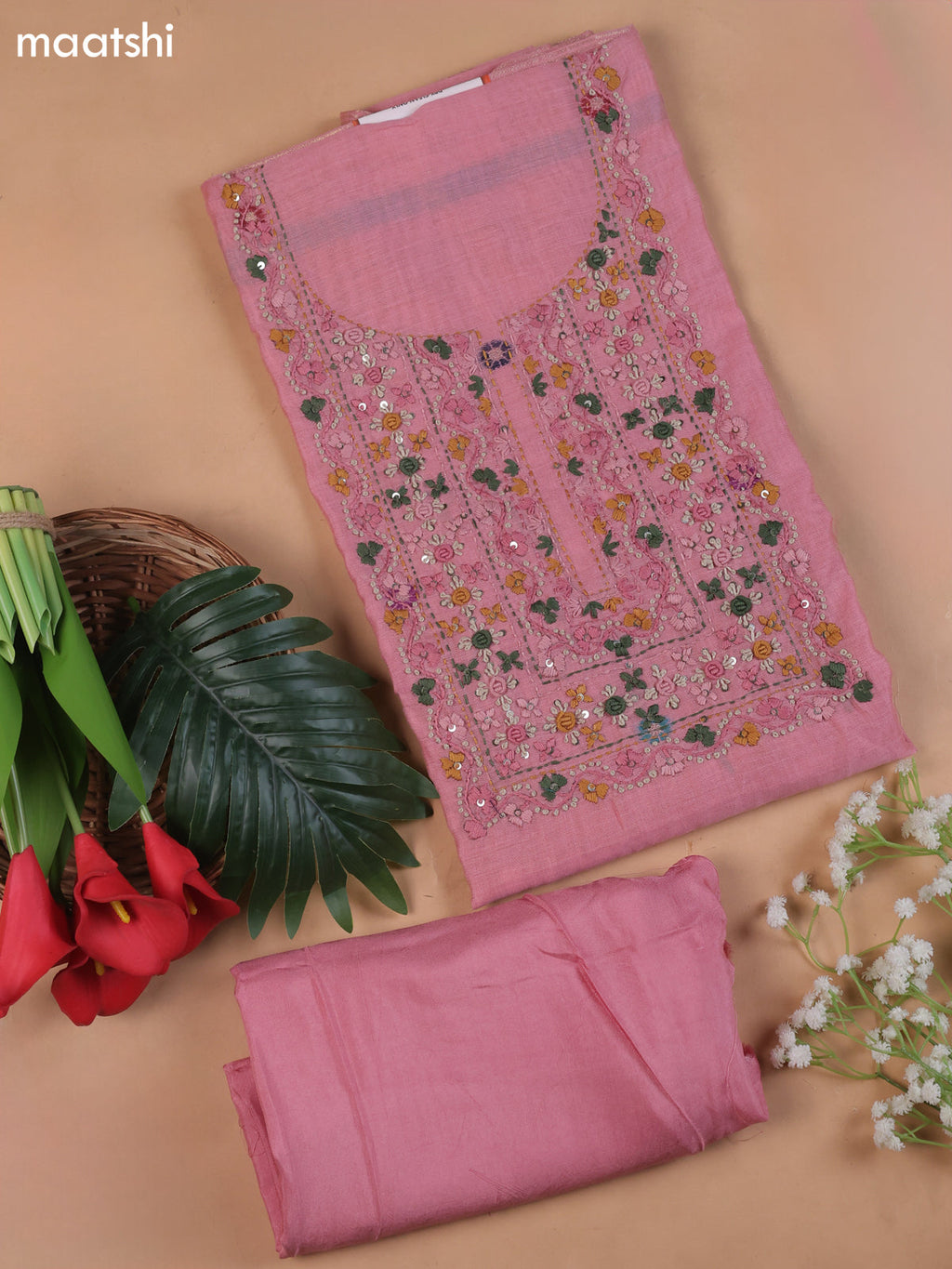 Lotus Pink Munga Cotton Dress Material With Embroidery Work Neck Pattern