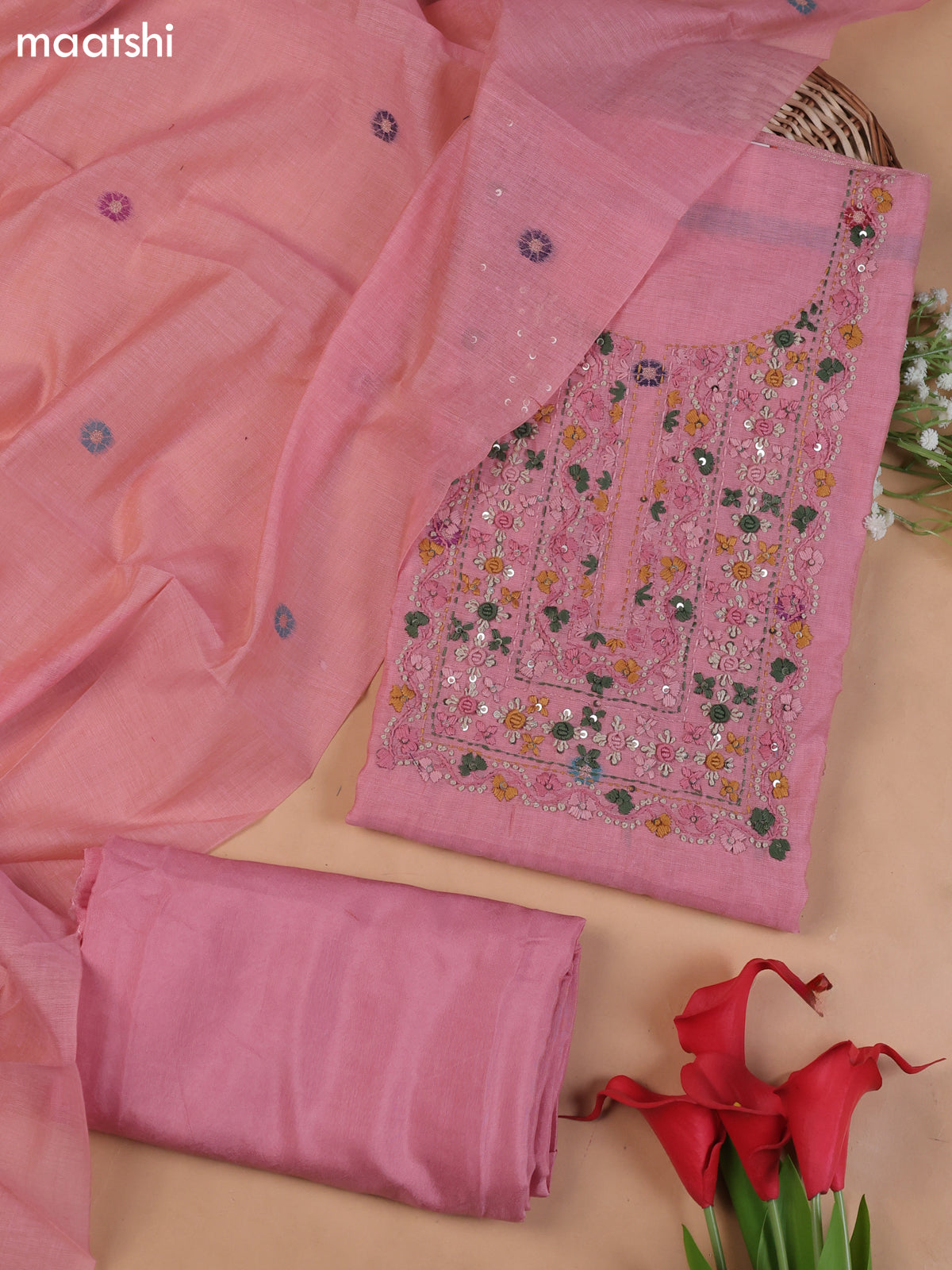 Lotus Pink Munga Cotton Dress Material With Embroidery Work Neck Pattern