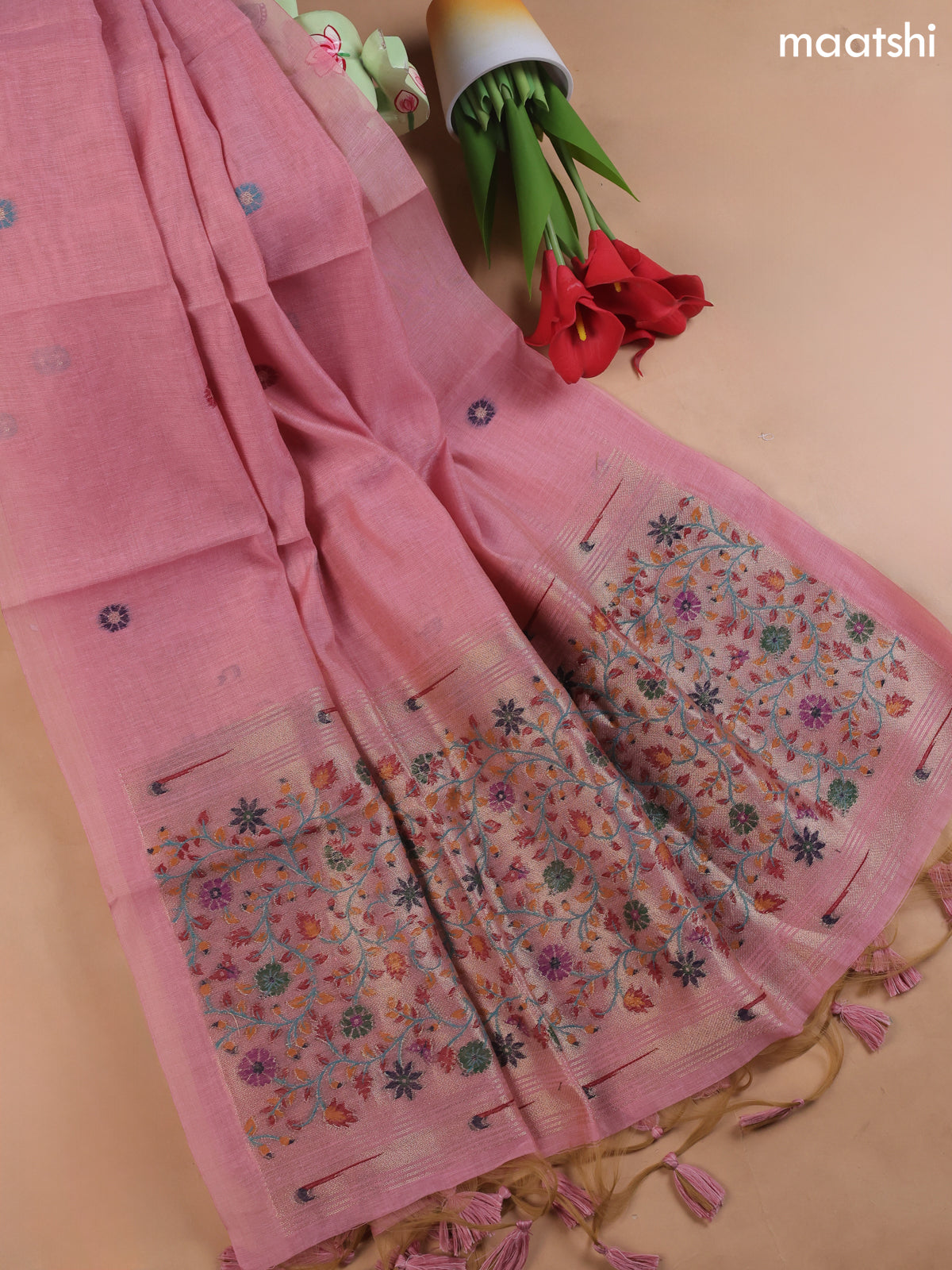 Lotus Pink Munga Cotton Dress Material With Embroidery Work Neck Pattern