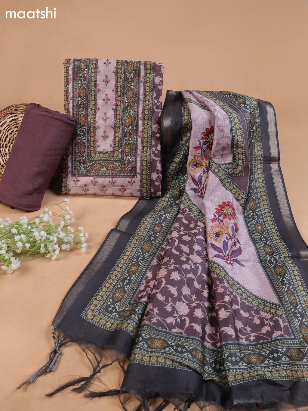 Wine and Mauve Pink Mul Chanderi Dress Material With Floral Prints Embroidery Work