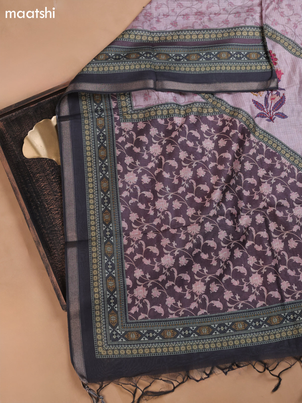 Wine and Mauve Pink Mul Chanderi Dress Material With Floral Prints Embroidery Work