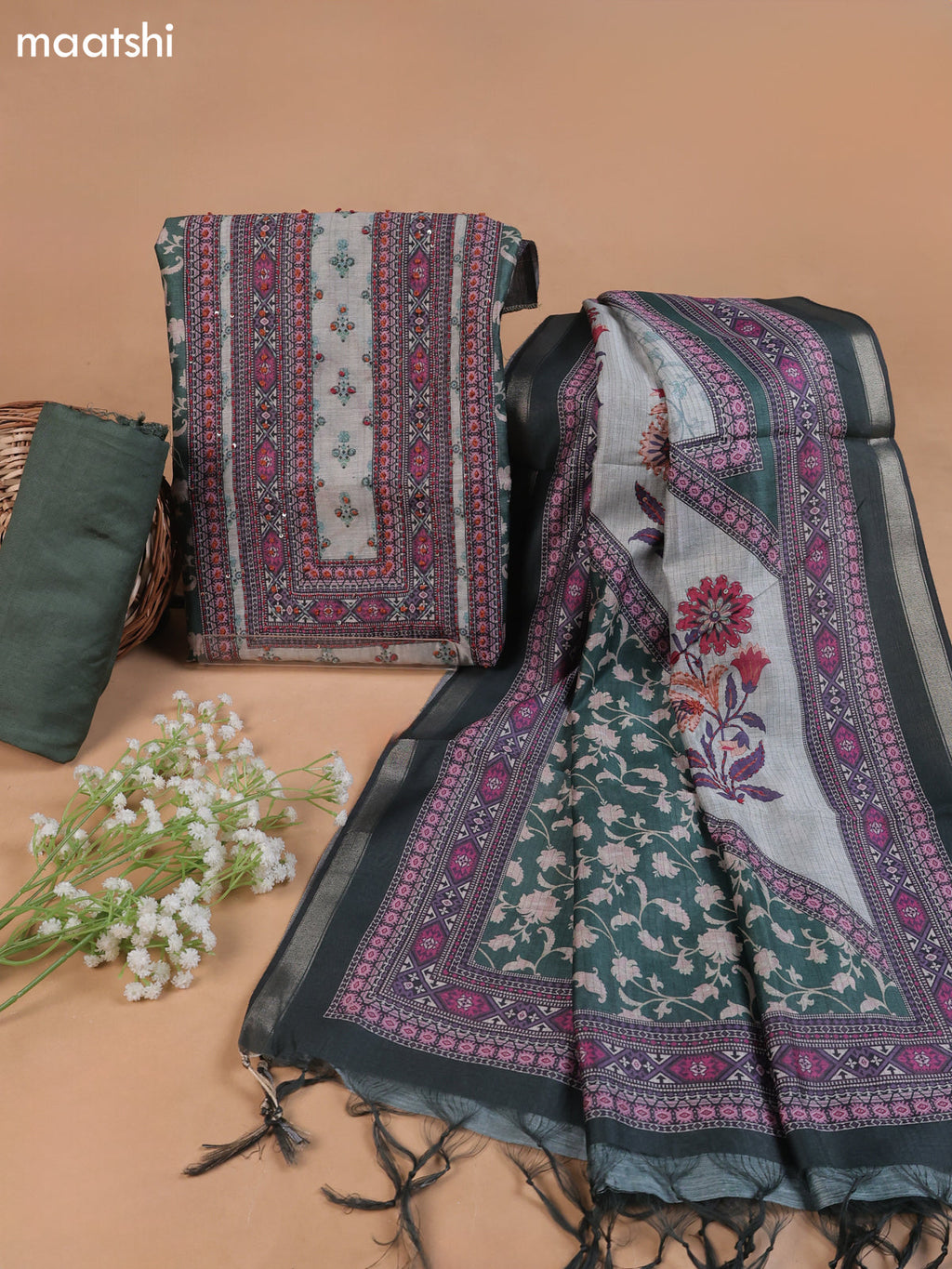 Pastel Green and Green Mul Chanderi Dress Material With Floral Prints Embroidery Work