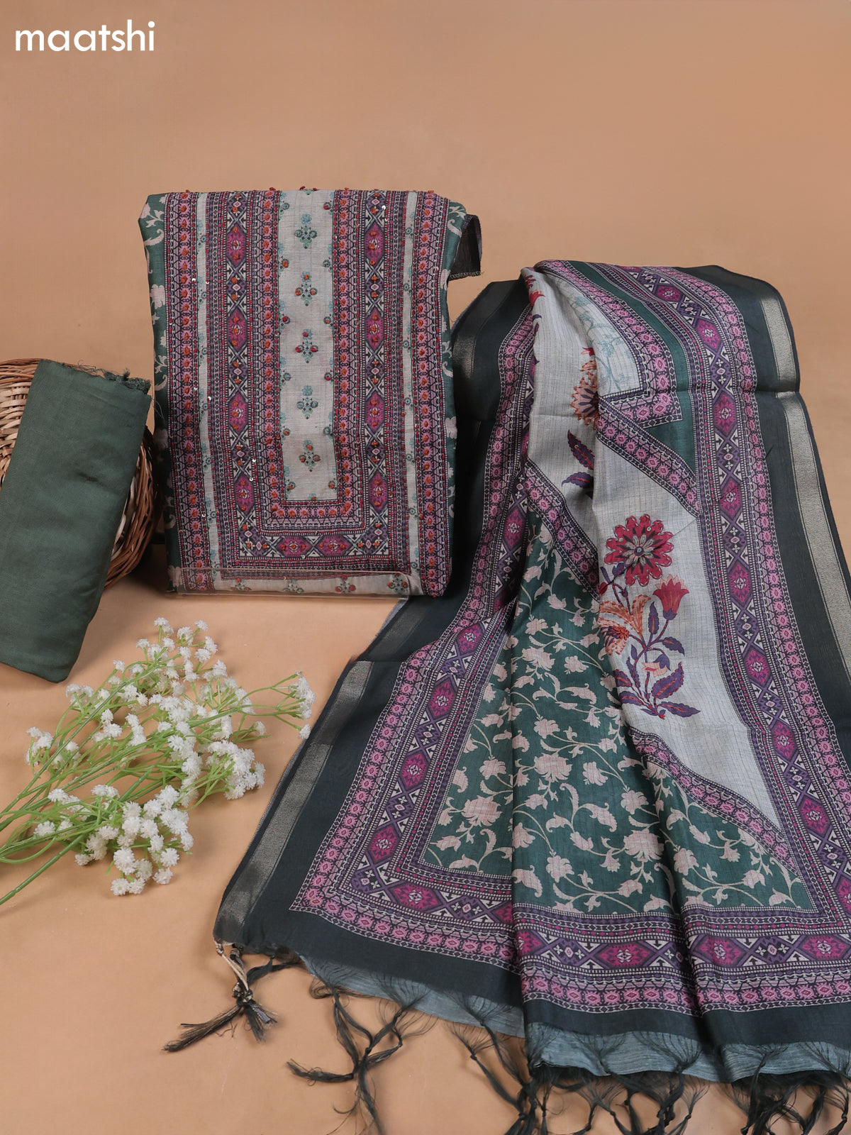 Pastel Green and Green Mul Chanderi Dress Material With Floral Prints Embroidery Work