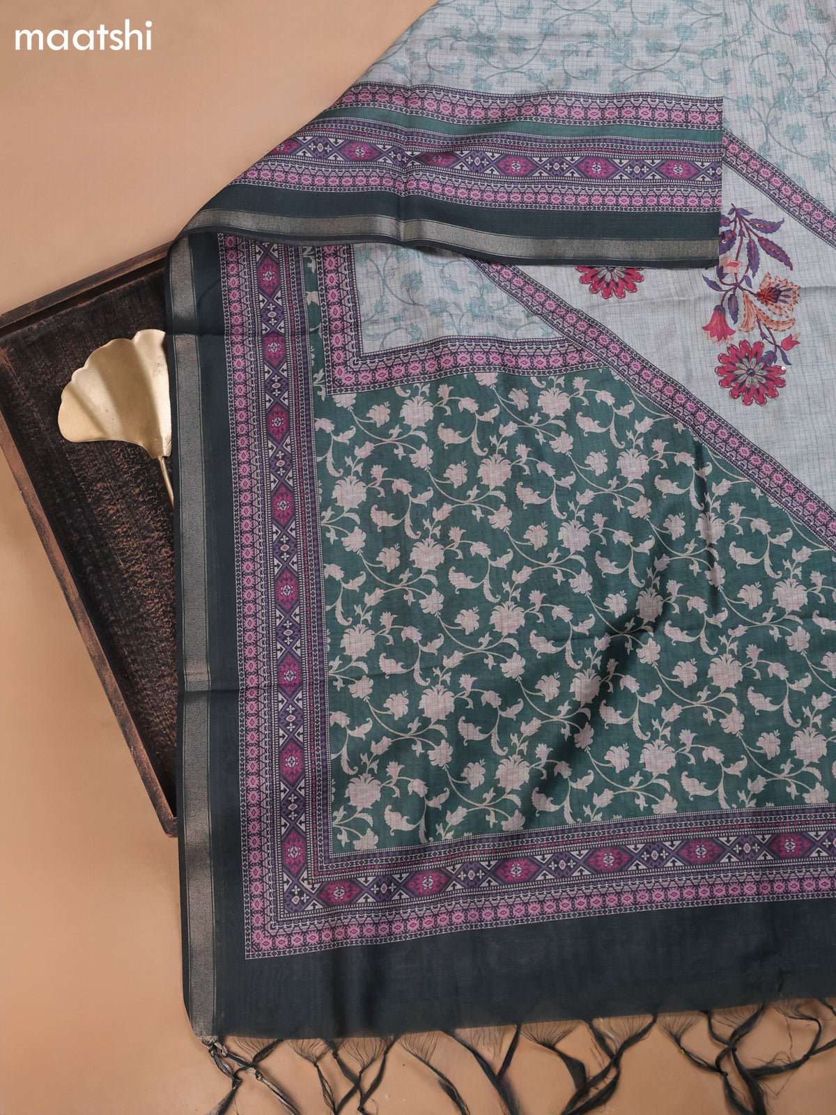 Pastel Green and Green Mul Chanderi Dress Material With Floral Prints Embroidery Work