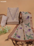 Pastel Brown and Brown Mul Chanderi Dress Material With Plain Body French Knot Embroidery Work Neck Pattern