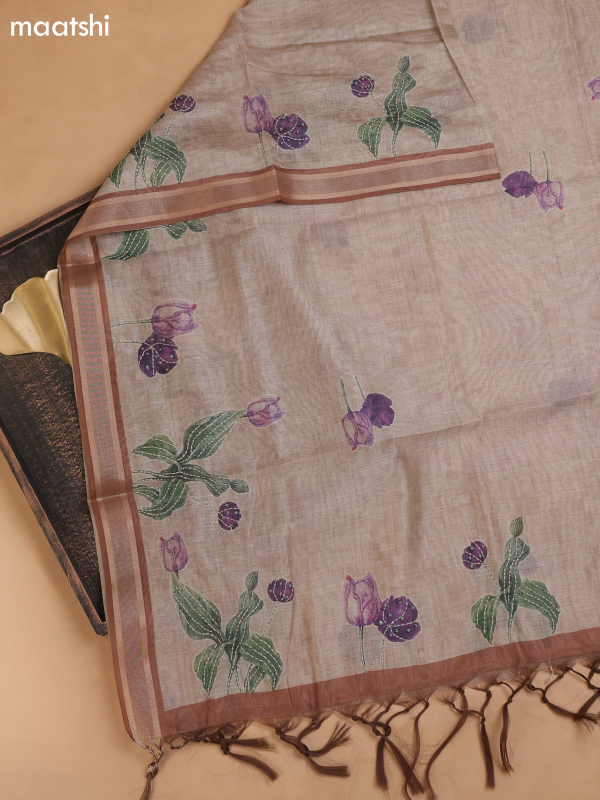 Pastel Brown and Brown Mul Chanderi Dress Material With Plain Body French Knot Embroidery Work Neck Pattern