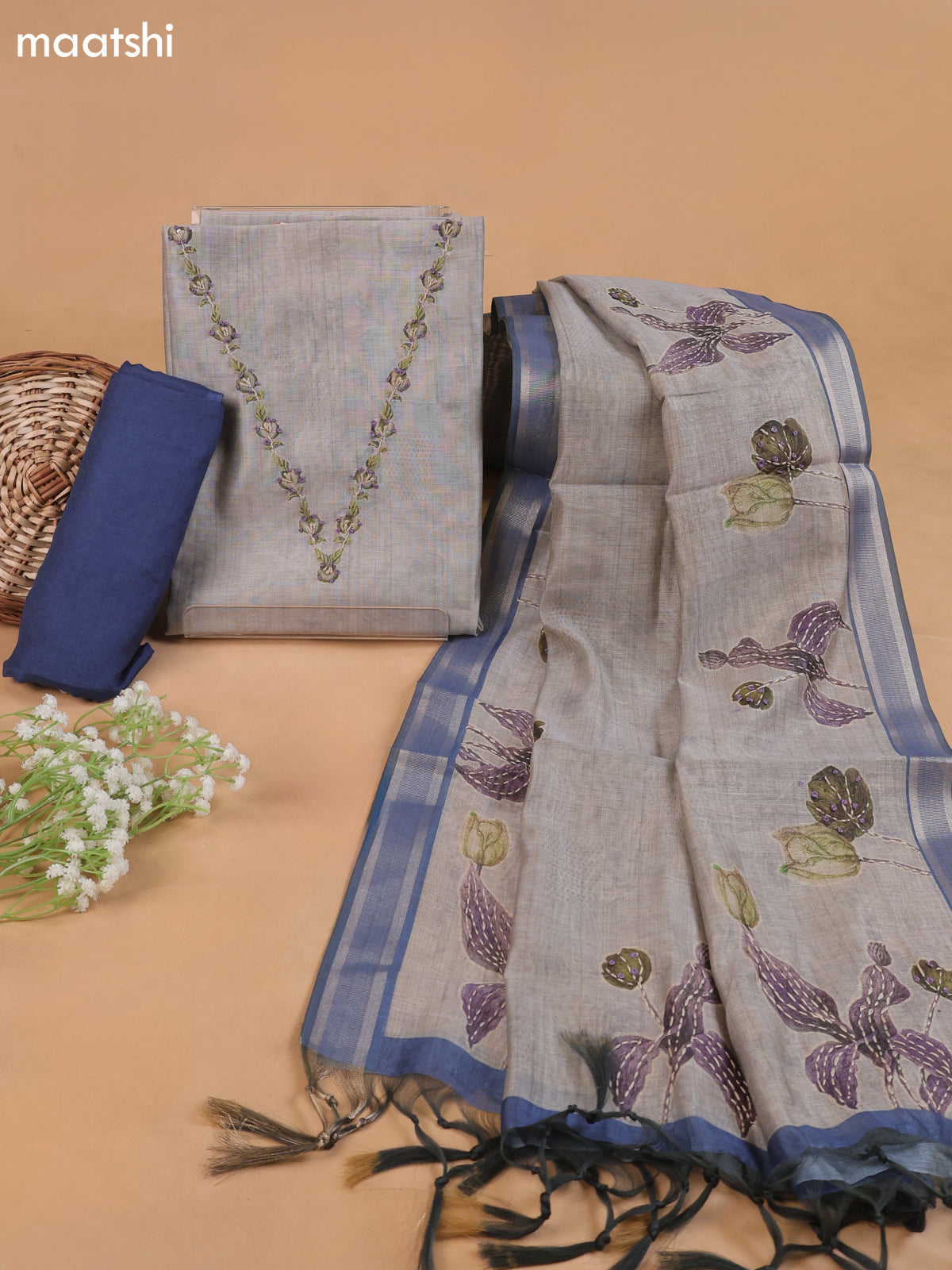 Grey Mul Chanderi Dress Material With Plain Body French Knot Embroidery Work Neck Pattern