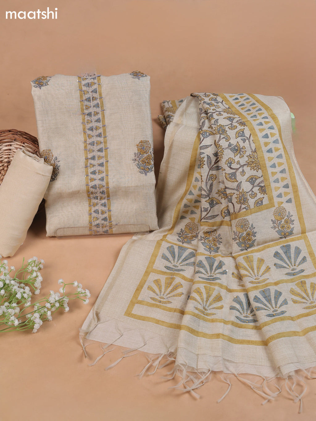 Beige Mul Chanderi Dress Material With Floral Prints Embroidery Work