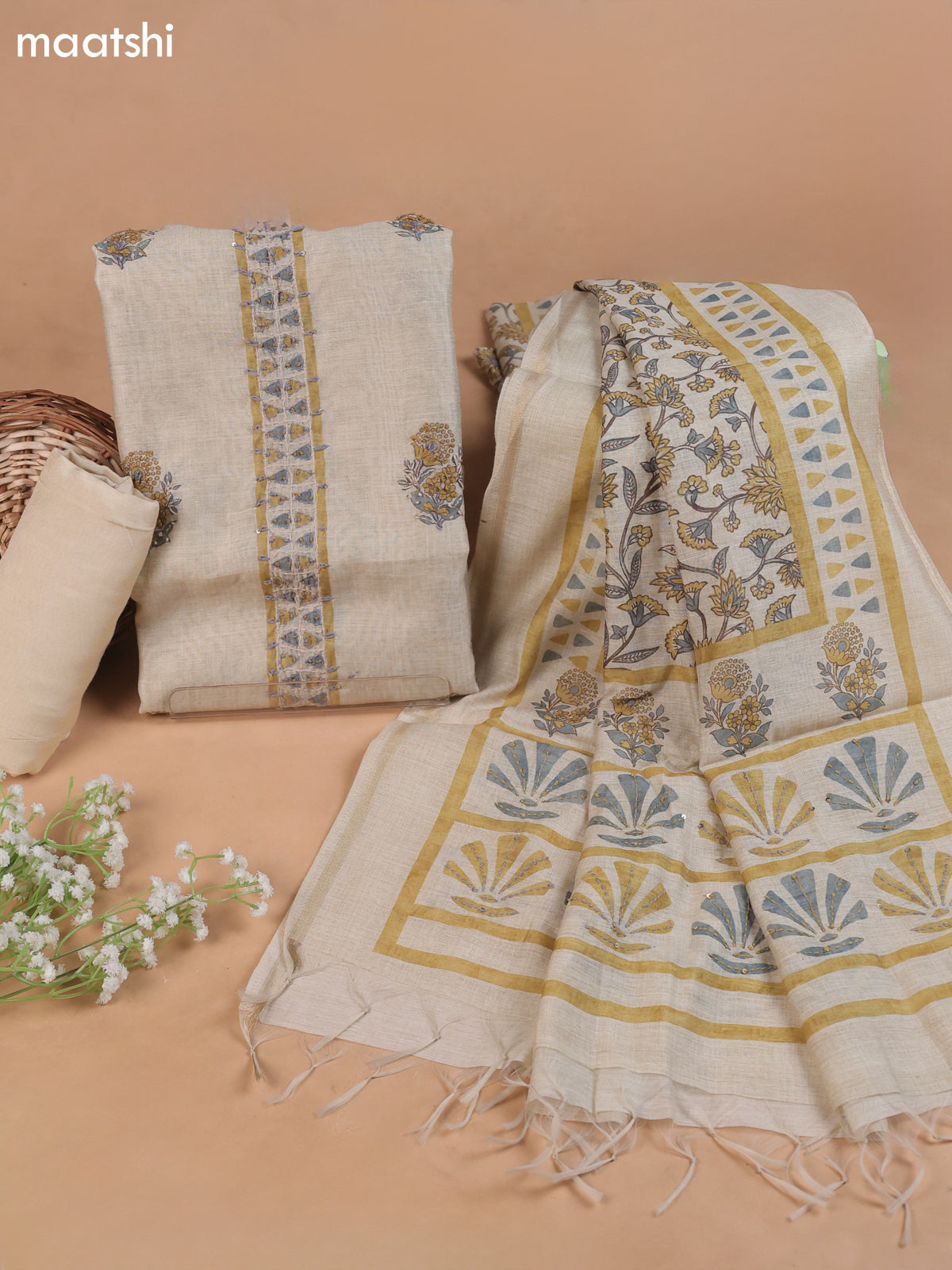 Beige Mul Chanderi Dress Material With Floral Prints Embroidery Work
