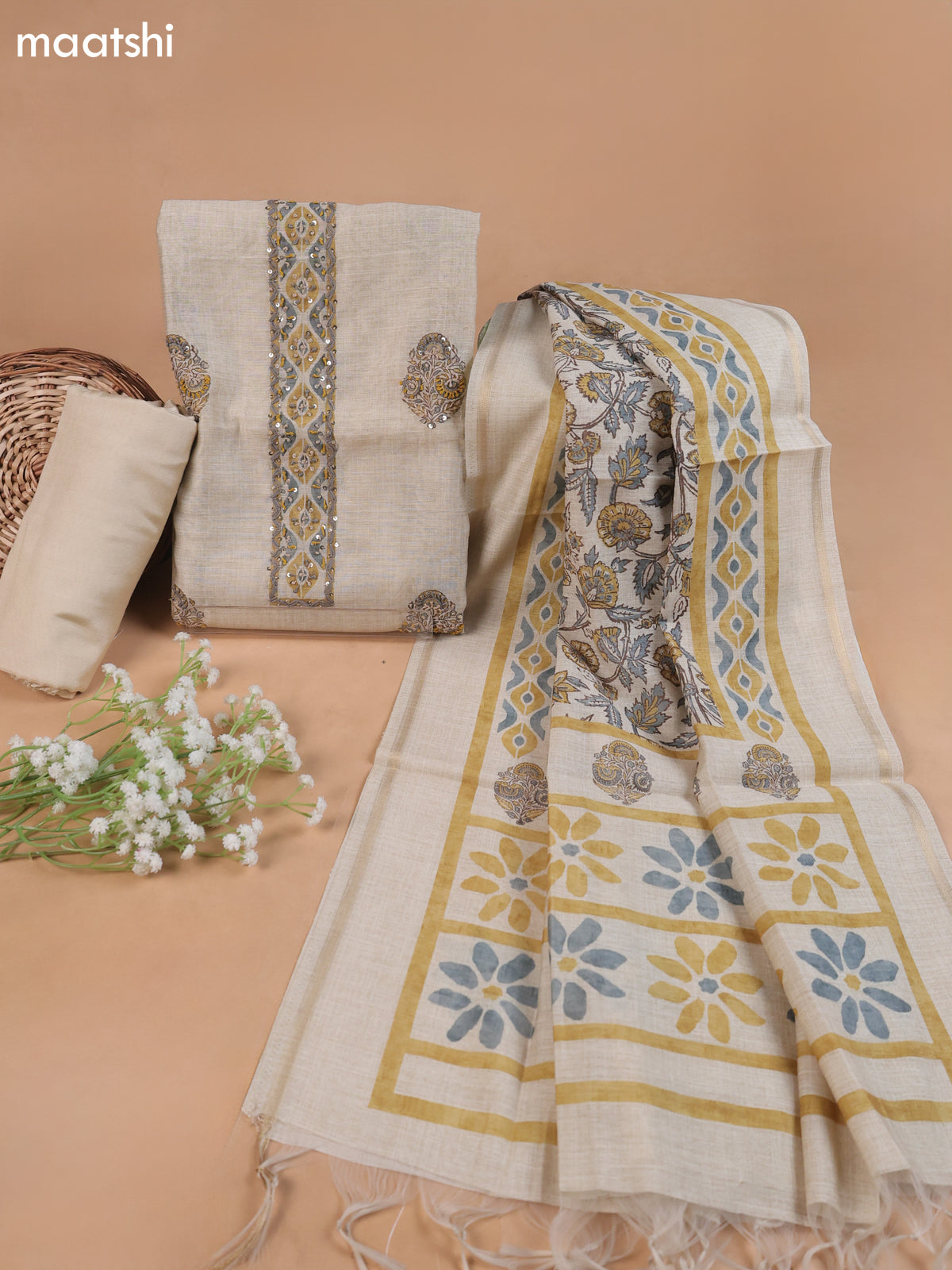 Beige Mul Chanderi Dress Material With Floral Prints French Knot Embroidery Work Neck Pattern