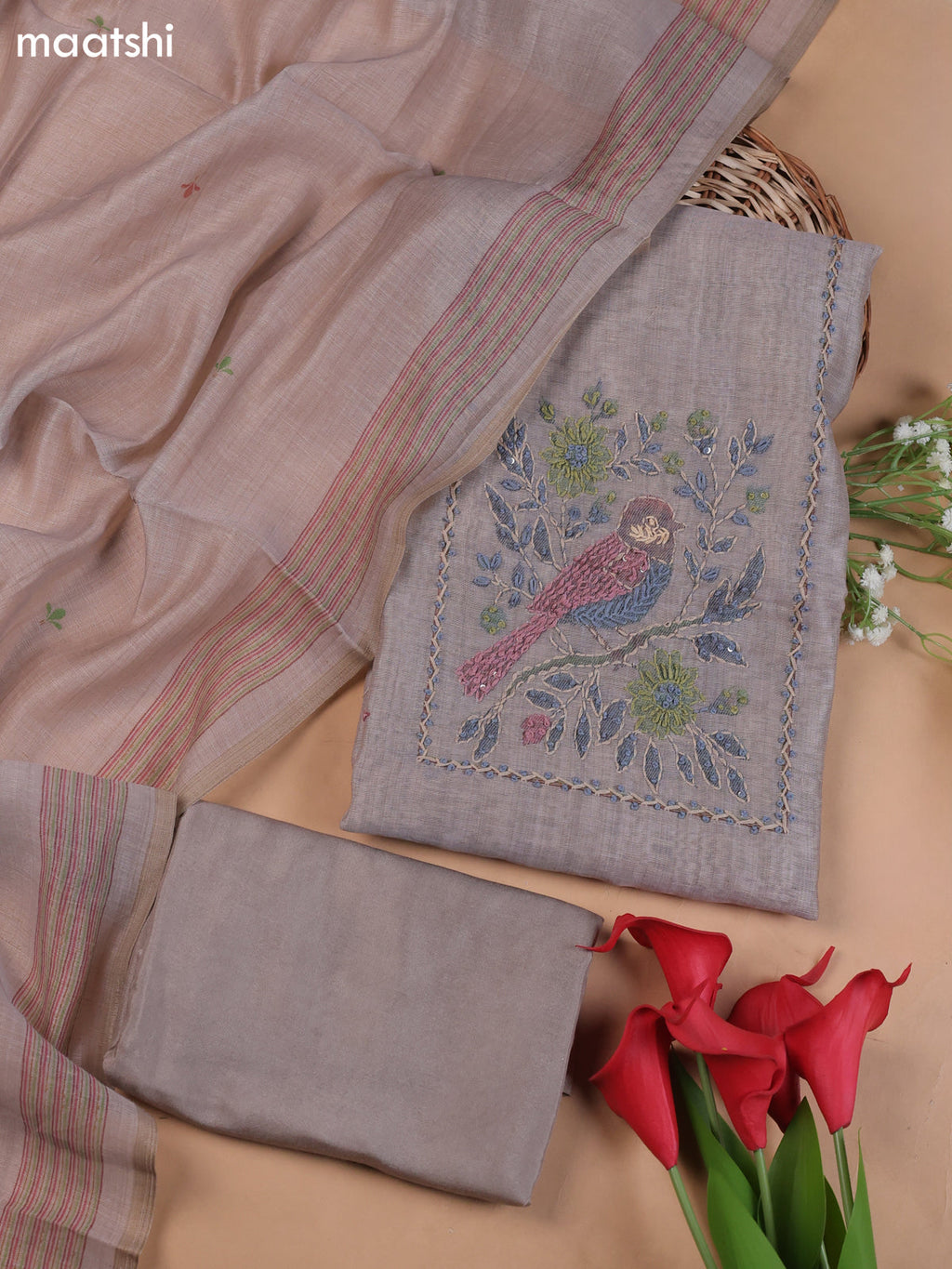 Pastel Purple Munga Cotton Dress Material With Embroidery Work Neck Pattern