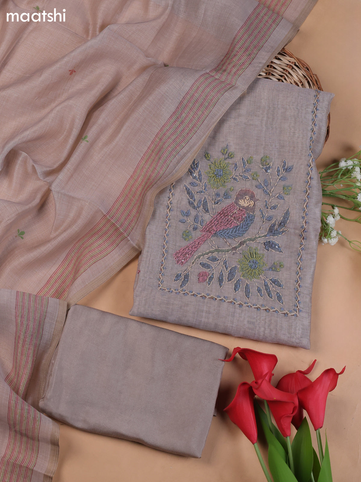 Pastel Purple Munga Cotton Dress Material With Embroidery Work Neck Pattern