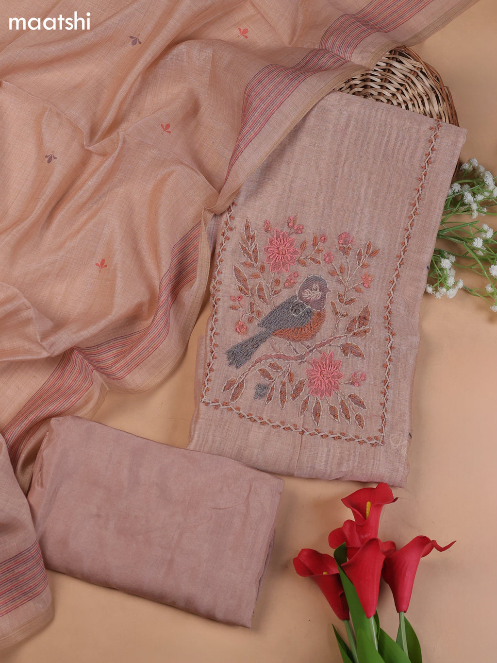 Peach Munga Cotton Dress Material With Embroidery Work Neck Pattern