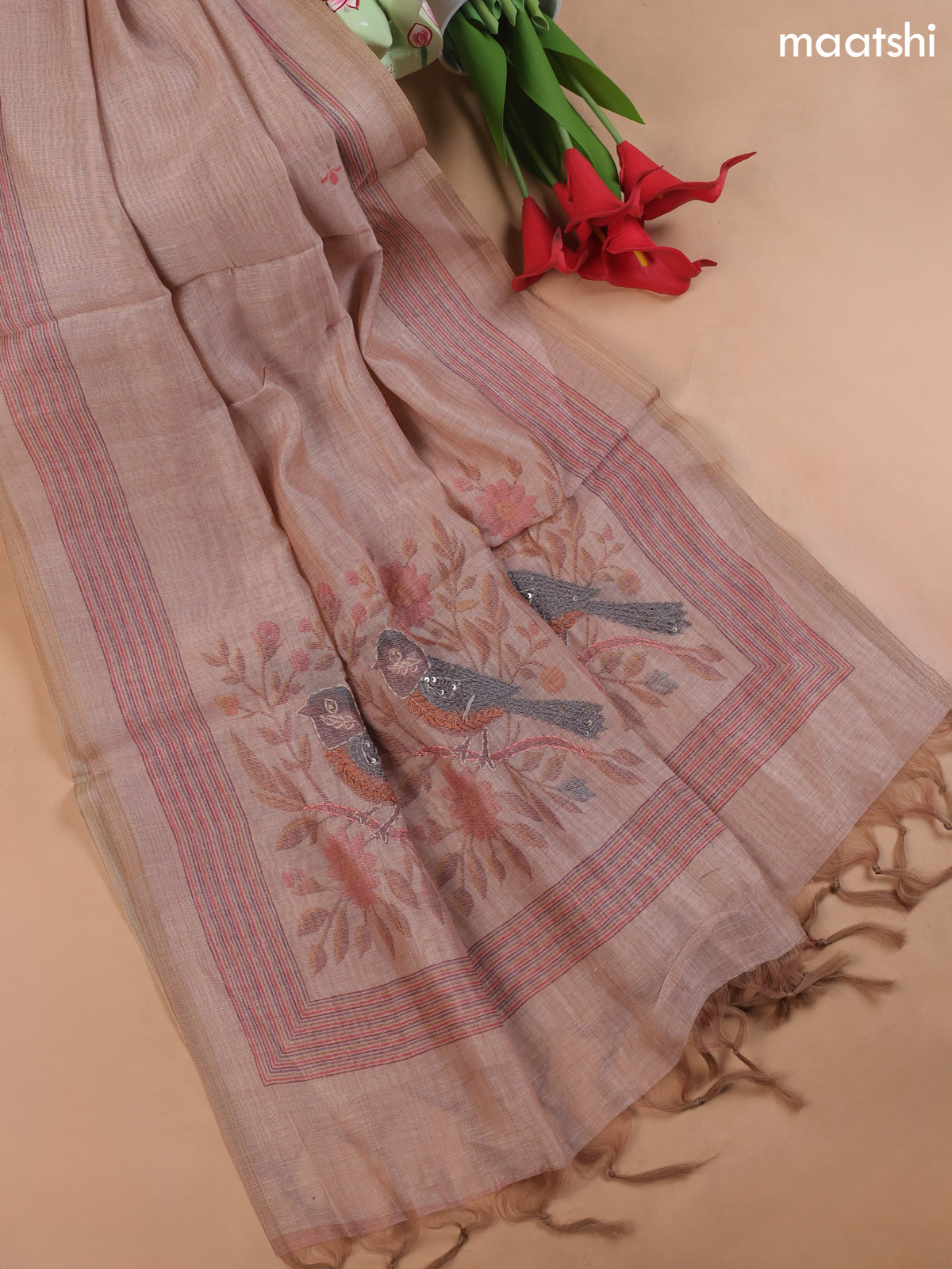 Peach Munga Cotton Dress Material With Embroidery Work Neck Pattern