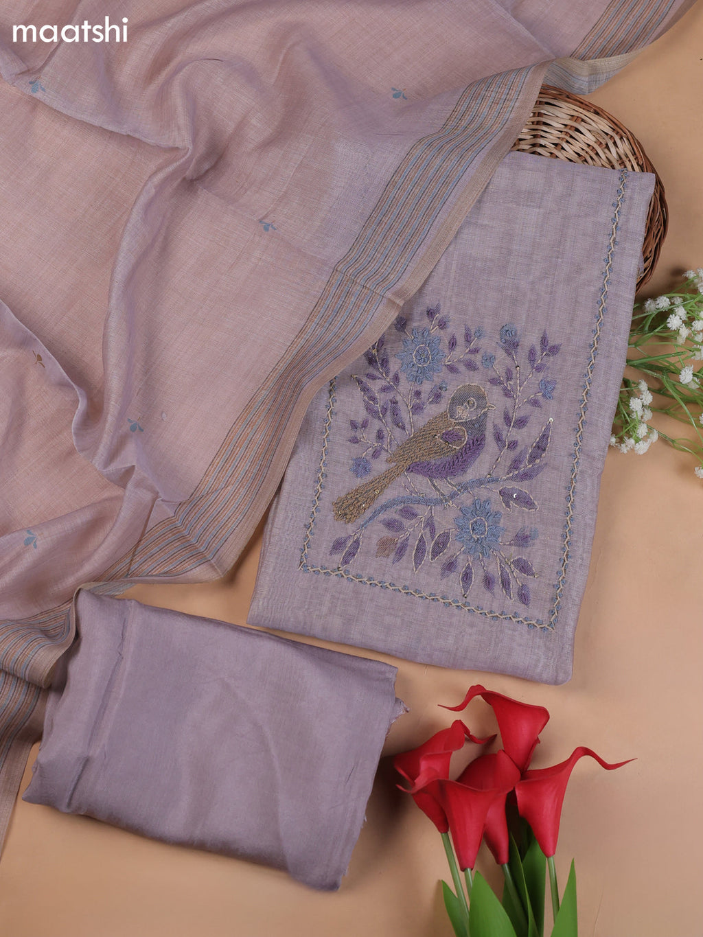 Pastel Purple Munga Cotton Dress Material With Embroidery Work Neck Pattern
