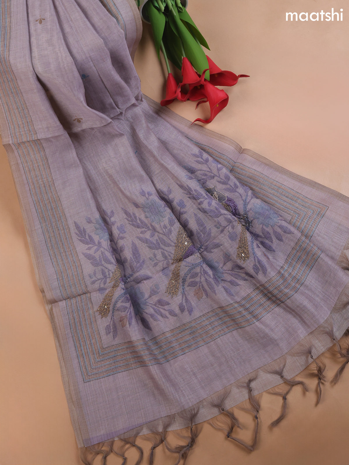 Pastel Purple Munga Cotton Dress Material With Embroidery Work Neck Pattern