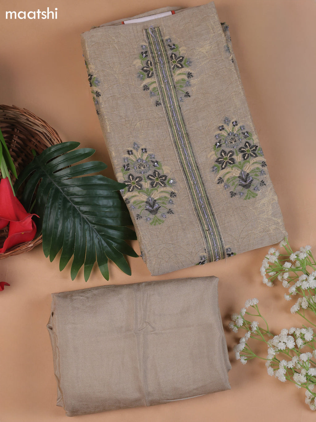 Beige and Purple Munga Cotton Dress Material With Thread and Zari Woven Buttas