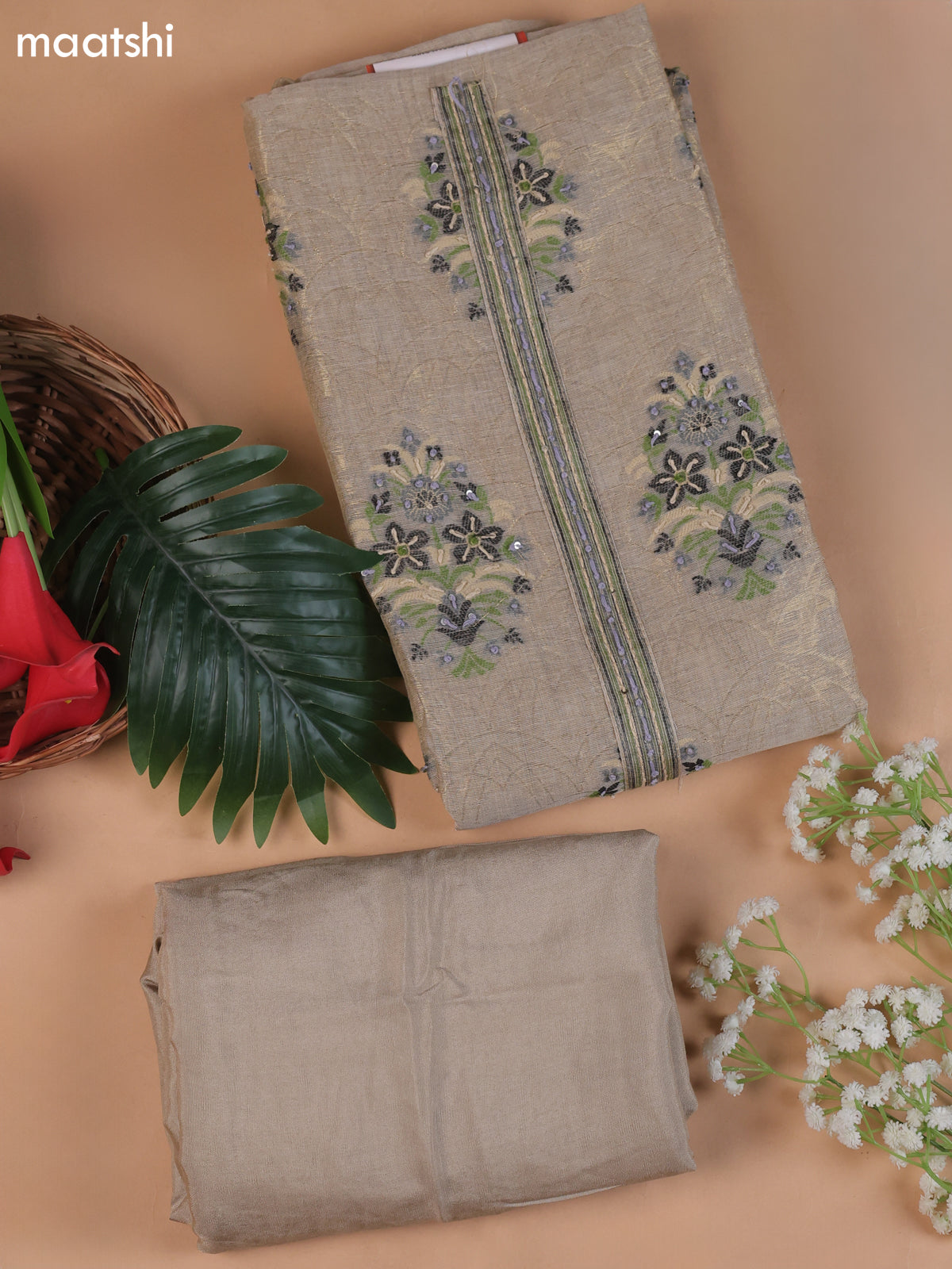 Beige and Purple Munga Cotton Dress Material With Thread and Zari Woven Buttas