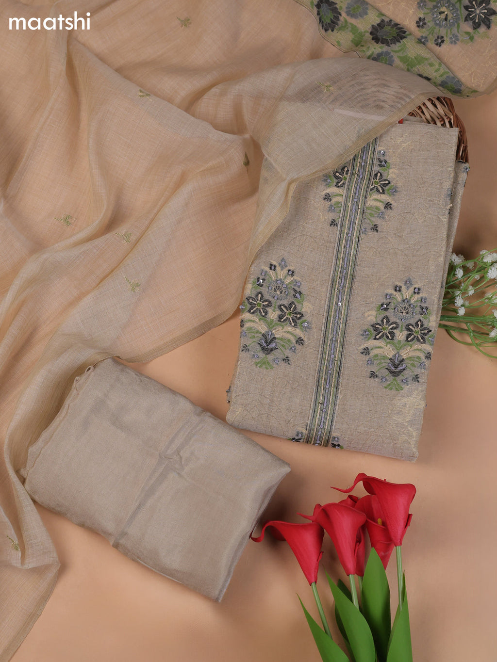 Beige and Purple Munga Cotton Dress Material With Thread and Zari Woven Buttas