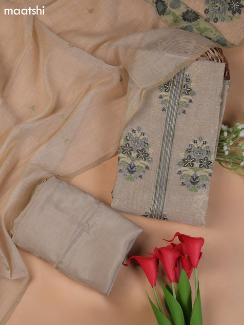 Beige and Purple Munga Cotton Dress Material With Thread and Zari Woven Buttas