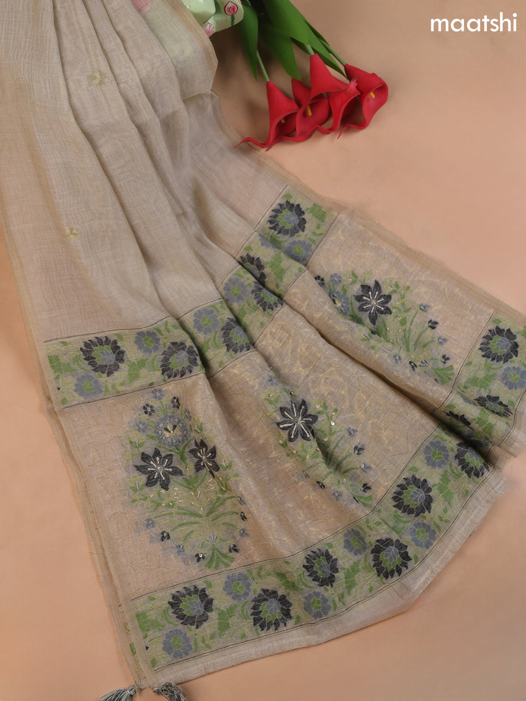 Beige and Purple Munga Cotton Dress Material With Thread and Zari Woven Buttas