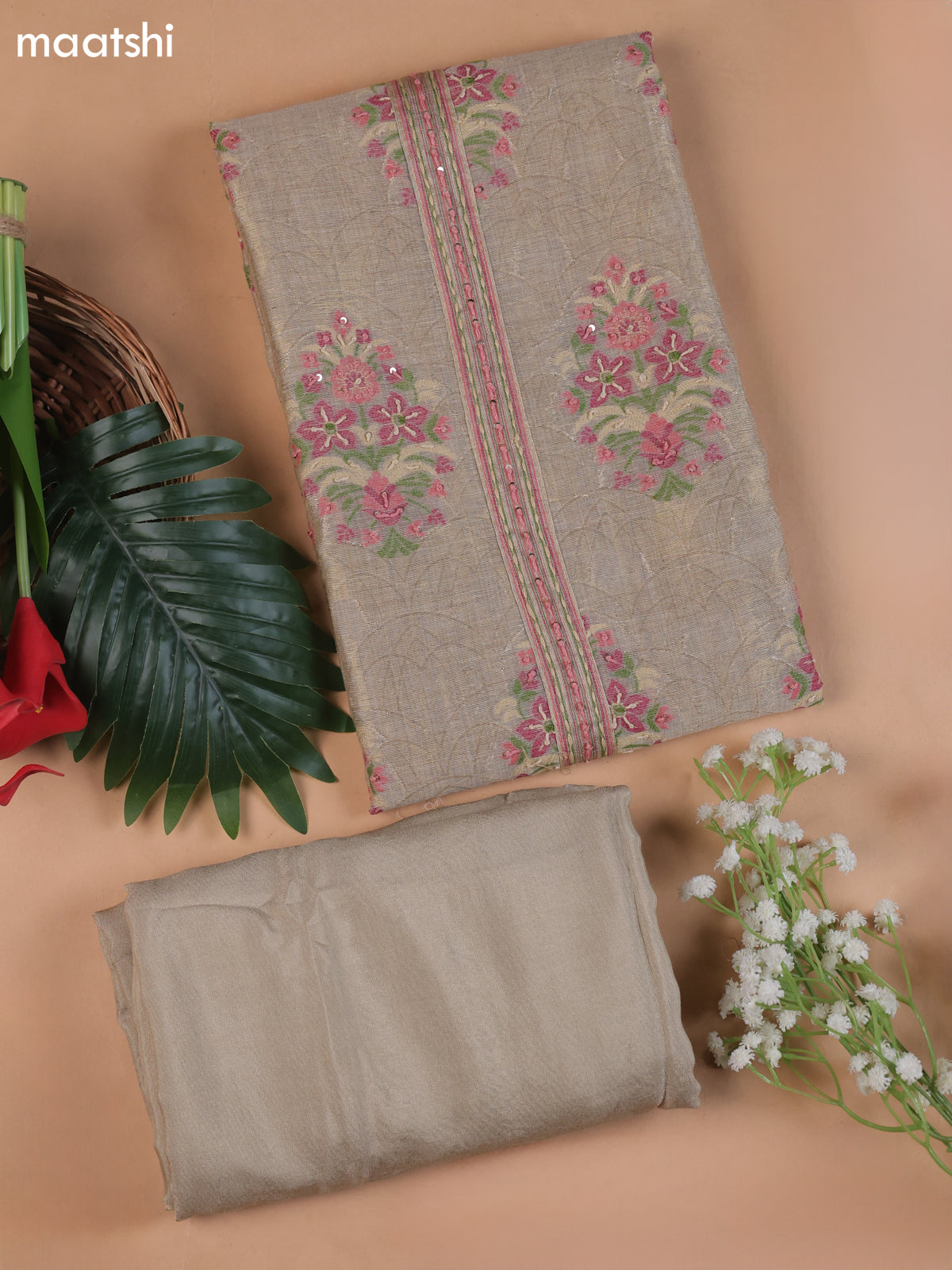 Beige and Pink Munga Cotton Dress Material With Thread and Zari Woven Buttas