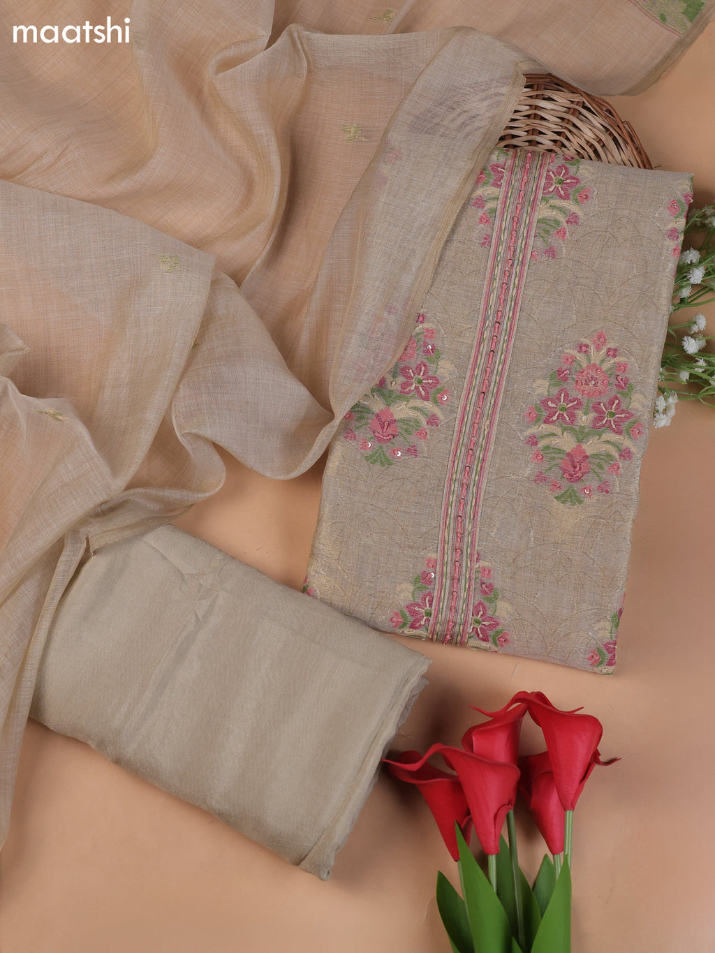 Beige and Pink Munga Cotton Dress Material With Thread and Zari Woven Buttas