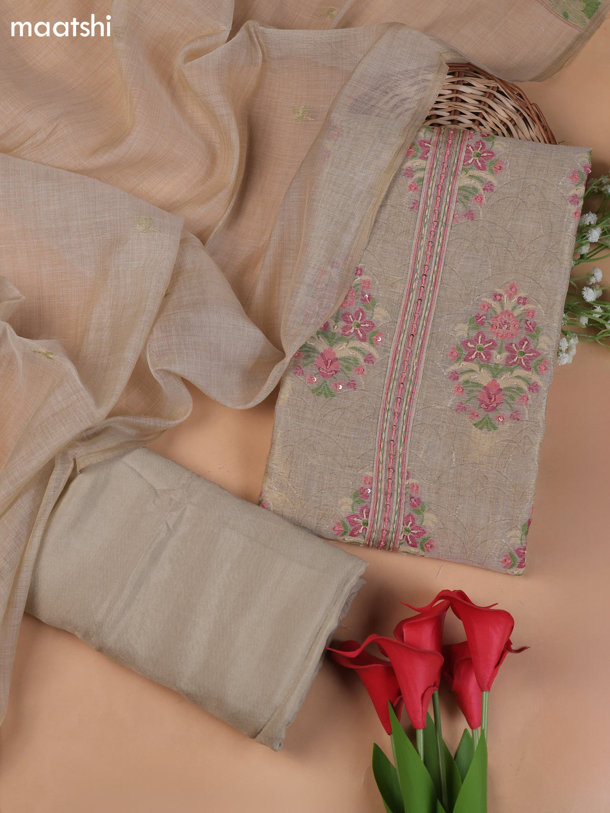 Beige and Pink Munga Cotton Dress Material With Thread and Zari Woven Buttas