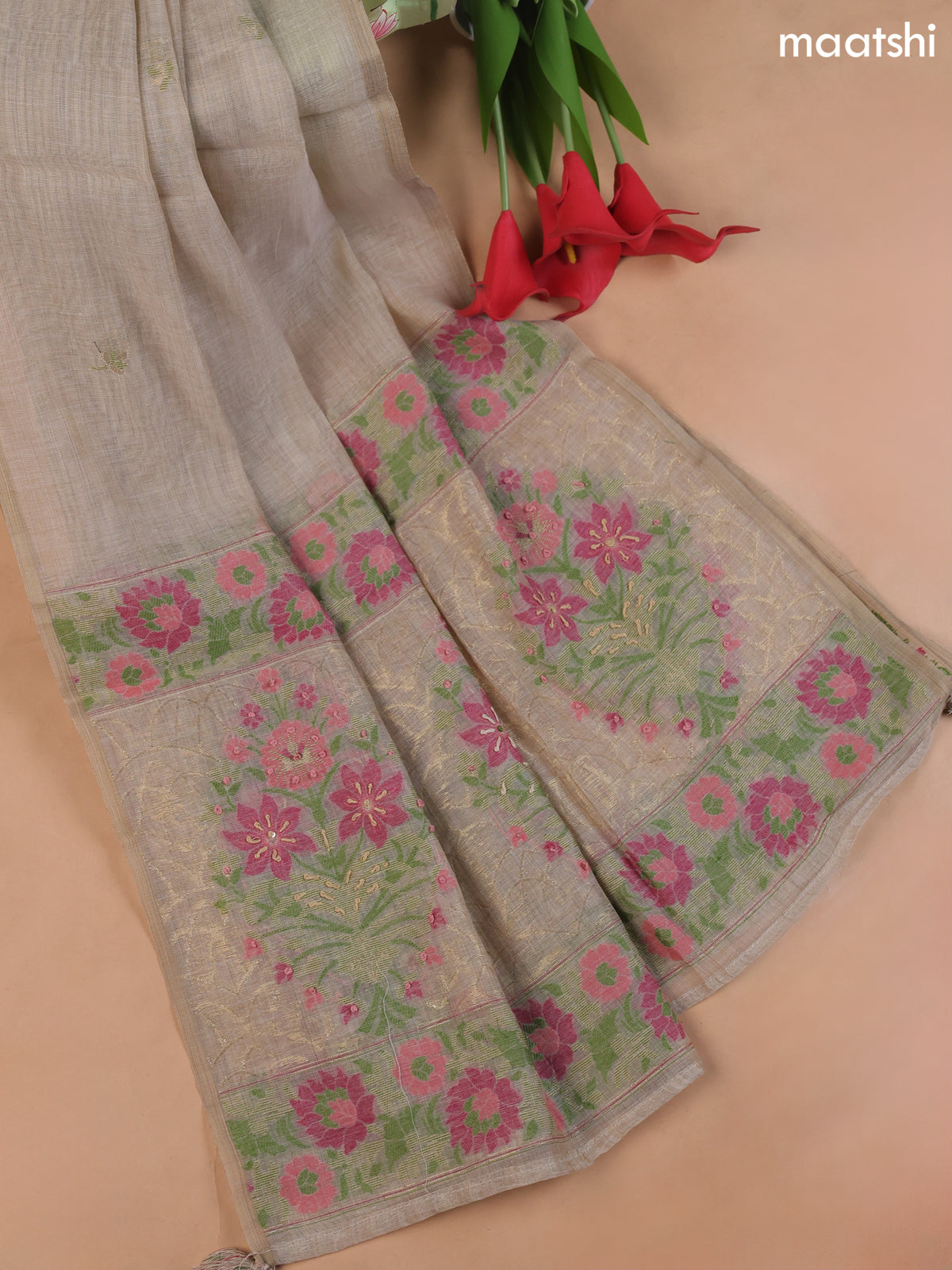 Beige and Pink Munga Cotton Dress Material With Thread and Zari Woven Buttas