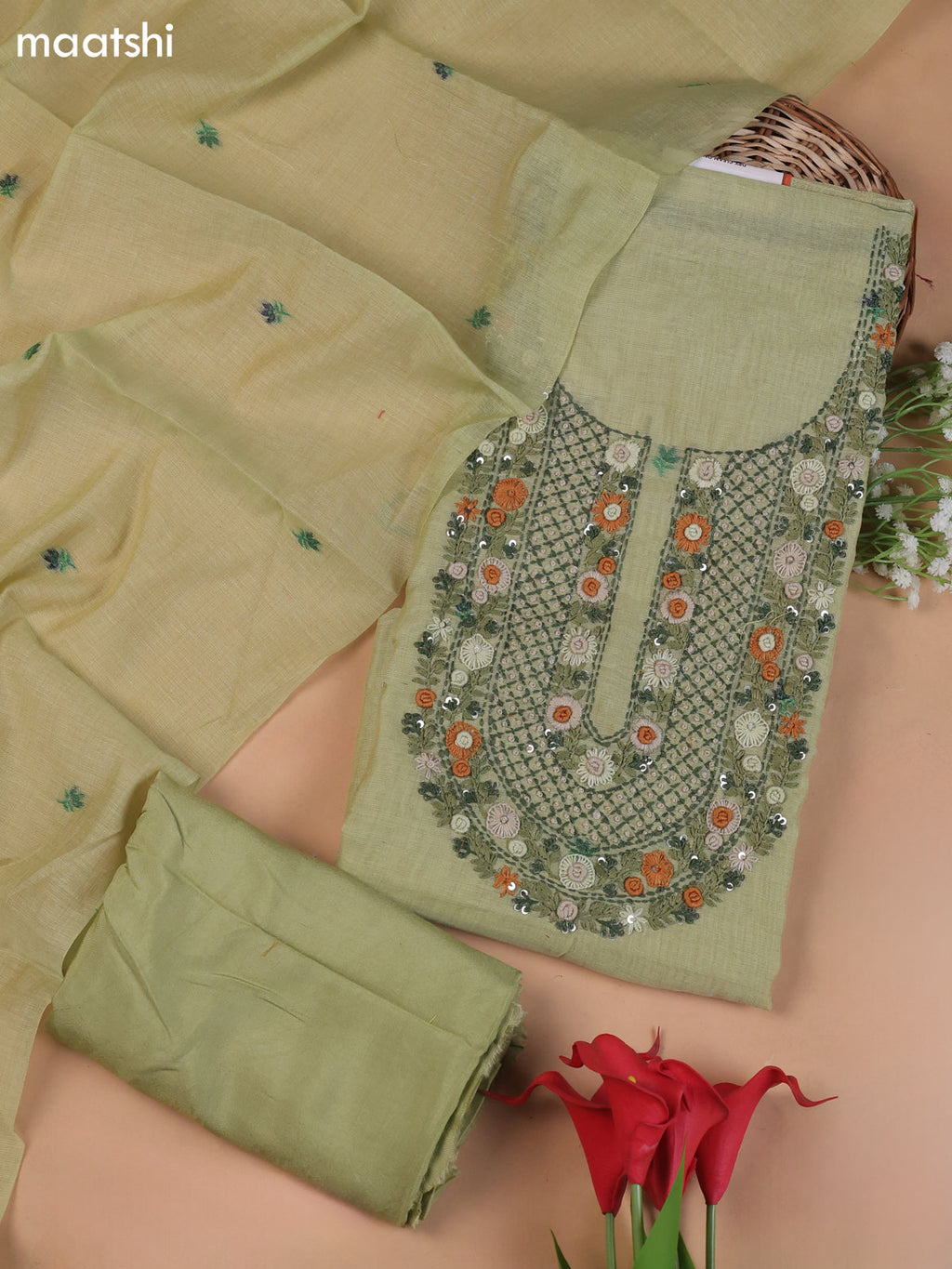 Pista Green Munga Cotton Dress Material With Embroidery Work Neck Pattern