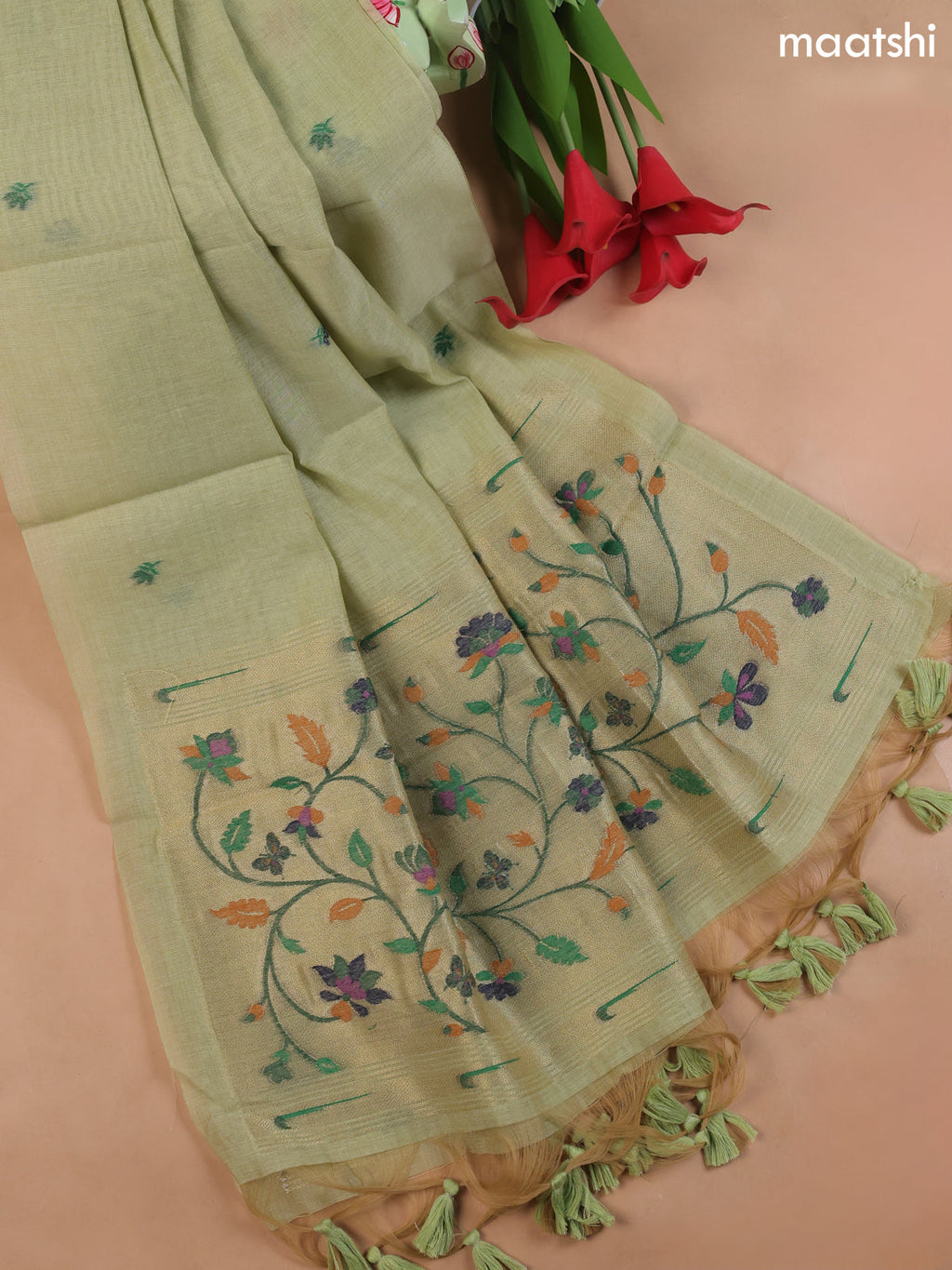 Pista Green Munga Cotton Dress Material With Embroidery Work Neck Pattern