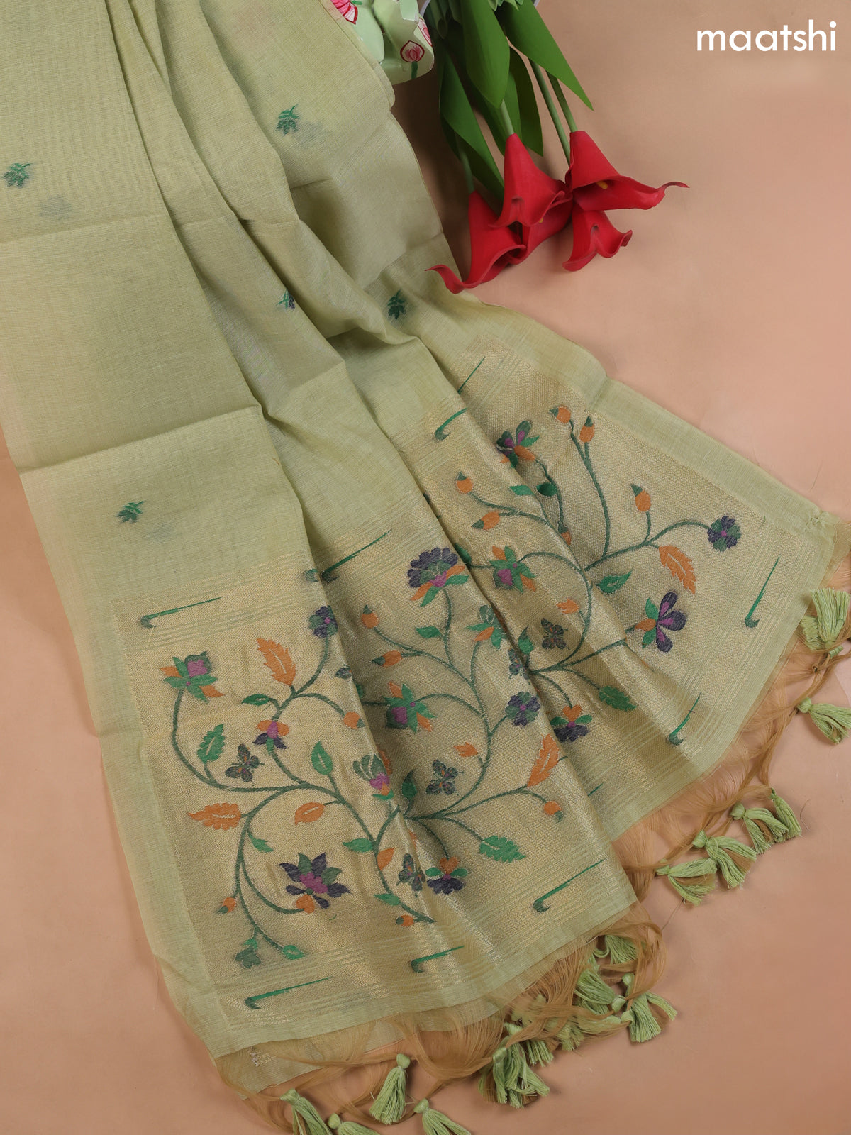 Pista Green Munga Cotton Dress Material With Embroidery Work Neck Pattern