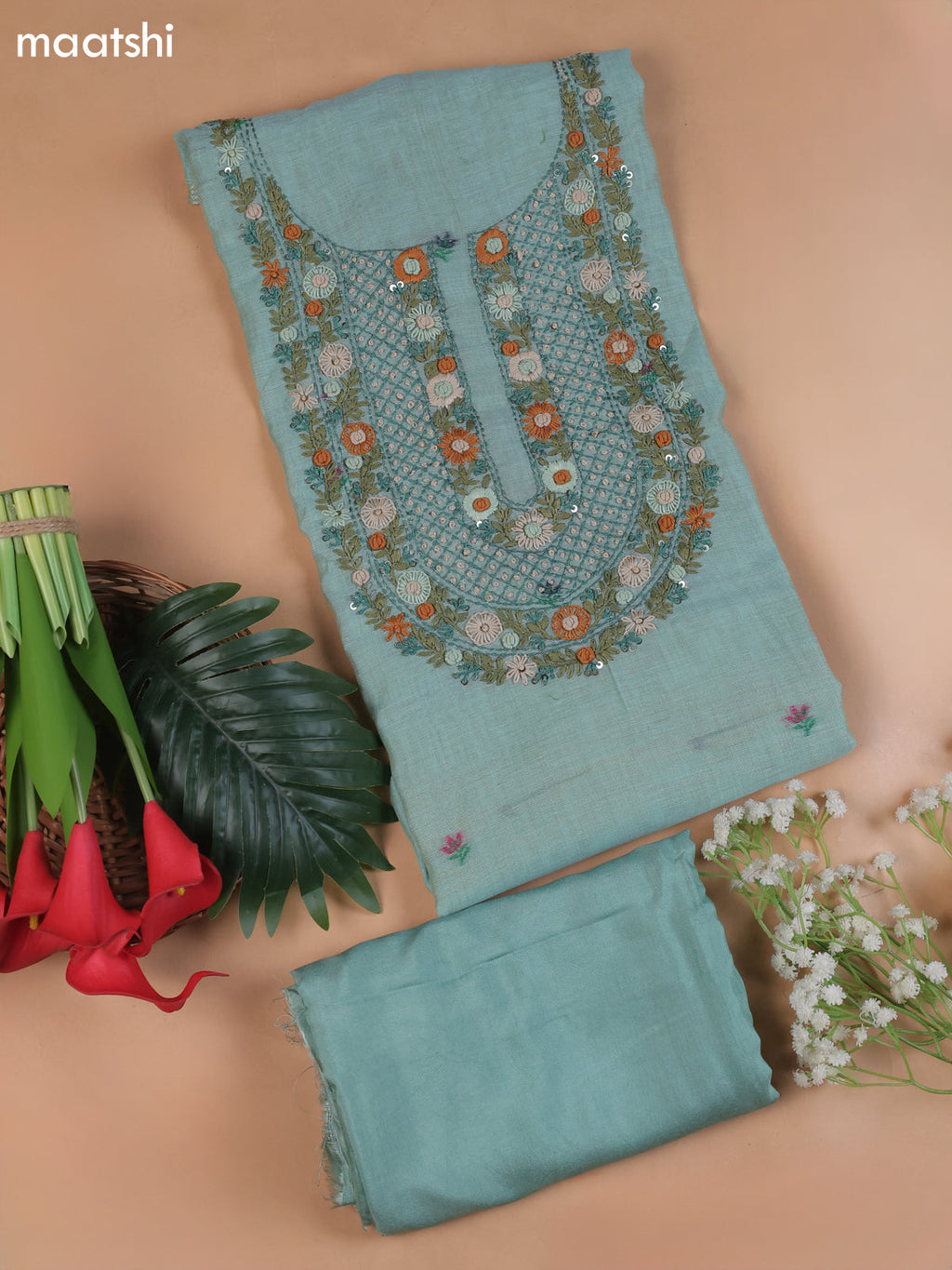 Pastel Blue Munga Cotton Dress Material With Embroidery Work Neck Pattern