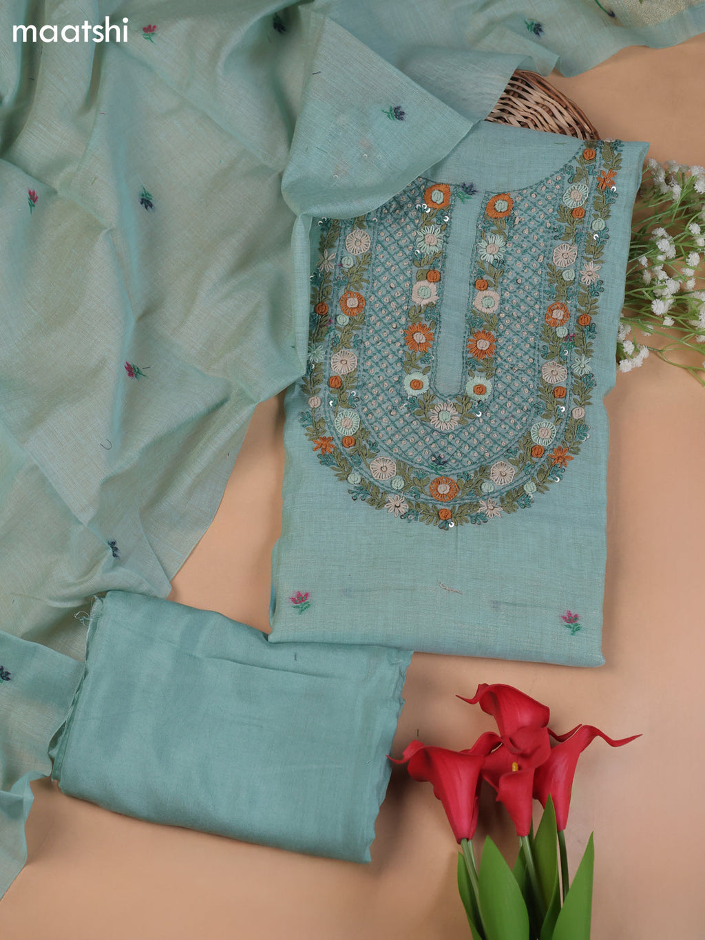 Pastel Blue Munga Cotton Dress Material With Embroidery Work Neck Pattern