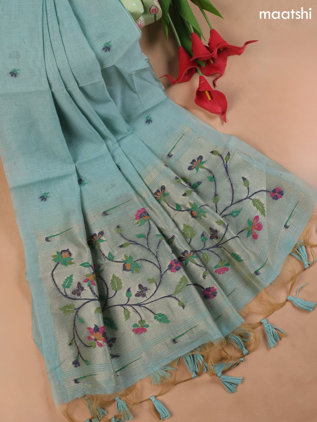 Pastel Blue Munga Cotton Dress Material With Embroidery Work Neck Pattern