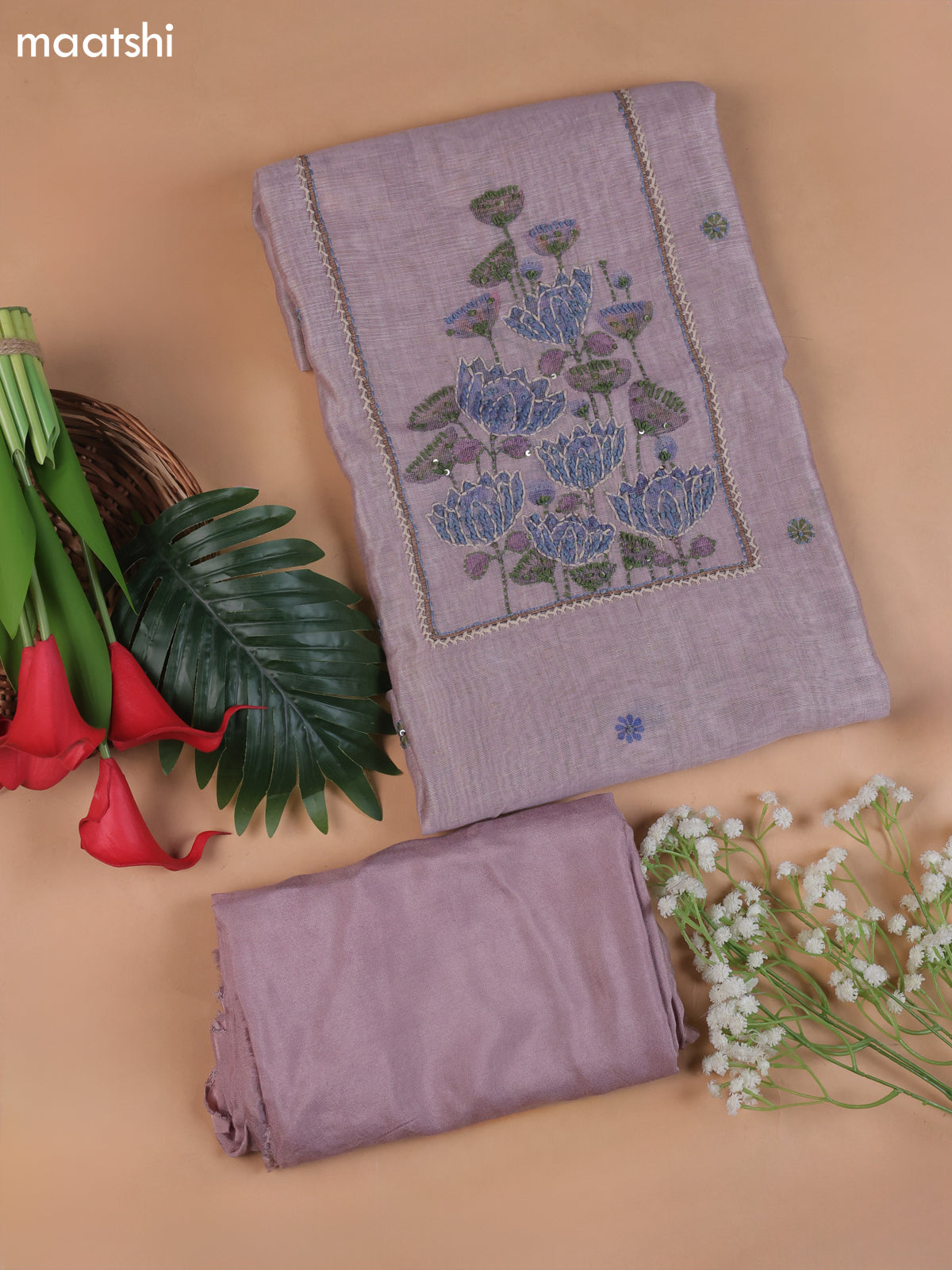 Pastel Pink Munga Cotton Dress Material With Embroidery Work Neck Pattern