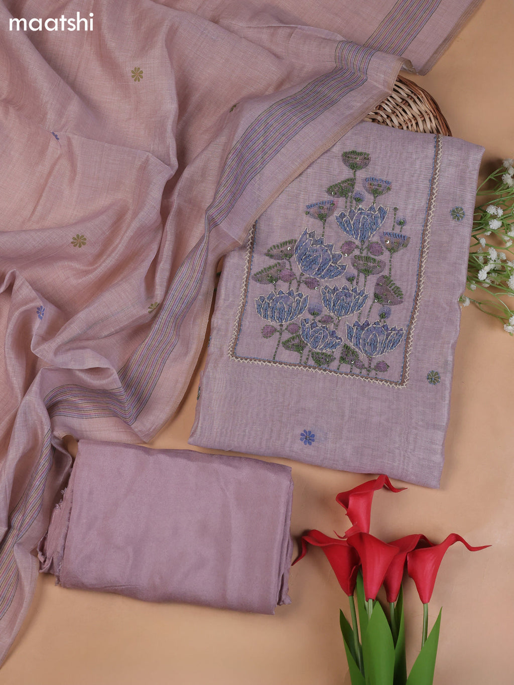 Pastel Pink Munga Cotton Dress Material With Embroidery Work Neck Pattern