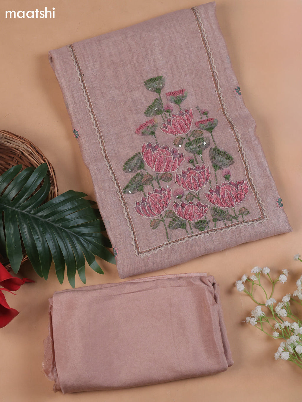 Dark Peach Munga Cotton Dress Material With Embroidery Work Neck Pattern