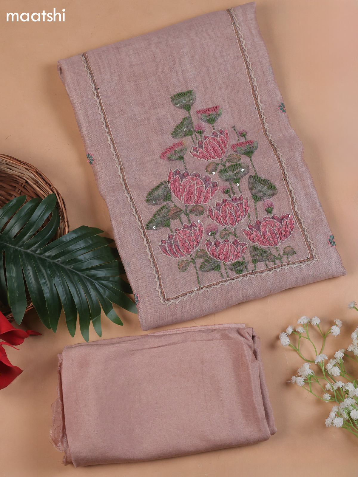 Dark Peach Munga Cotton Dress Material With Embroidery Work Neck Pattern
