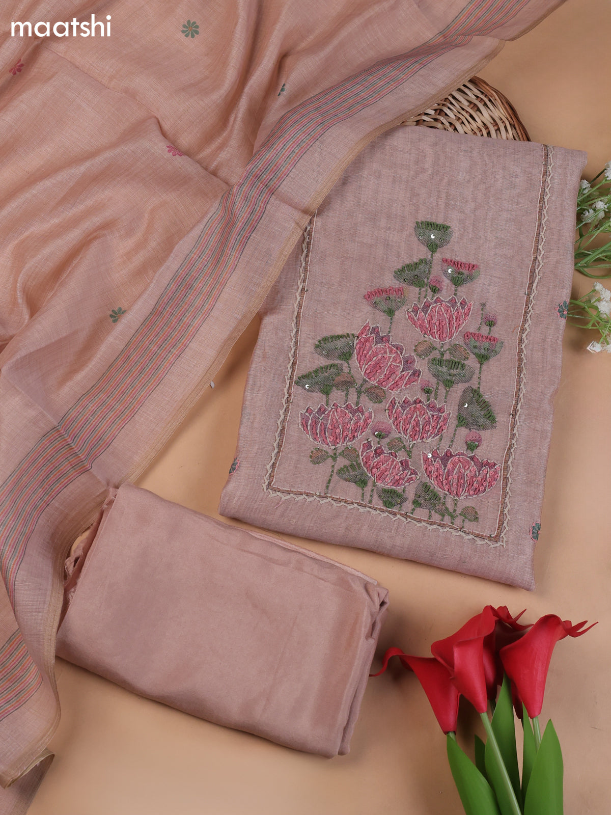 Dark Peach Munga Cotton Dress Material With Embroidery Work Neck Pattern