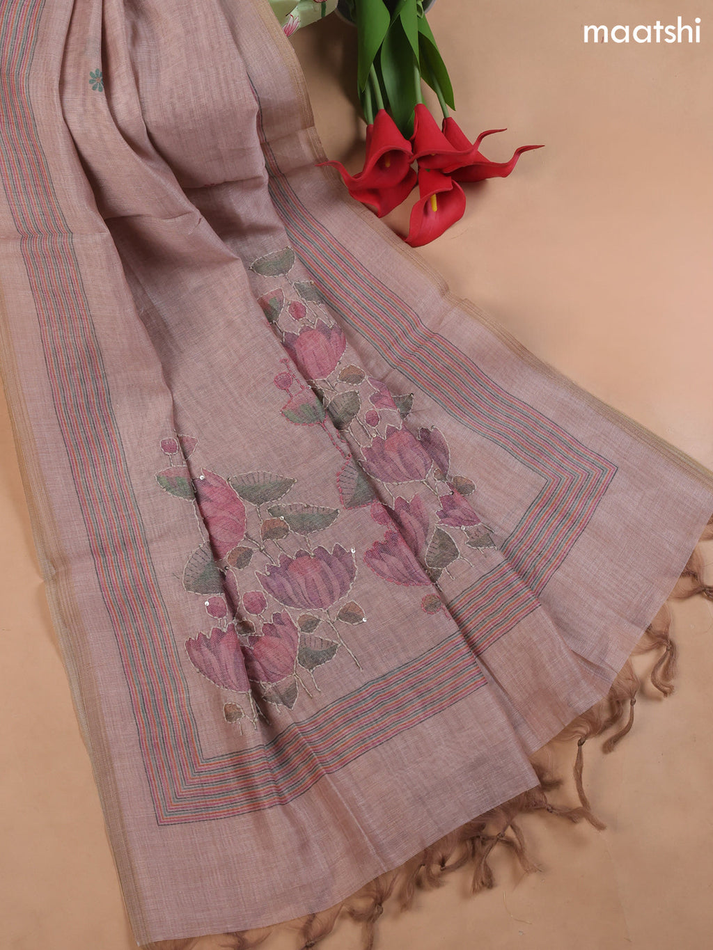 Dark Peach Munga Cotton Dress Material With Embroidery Work Neck Pattern