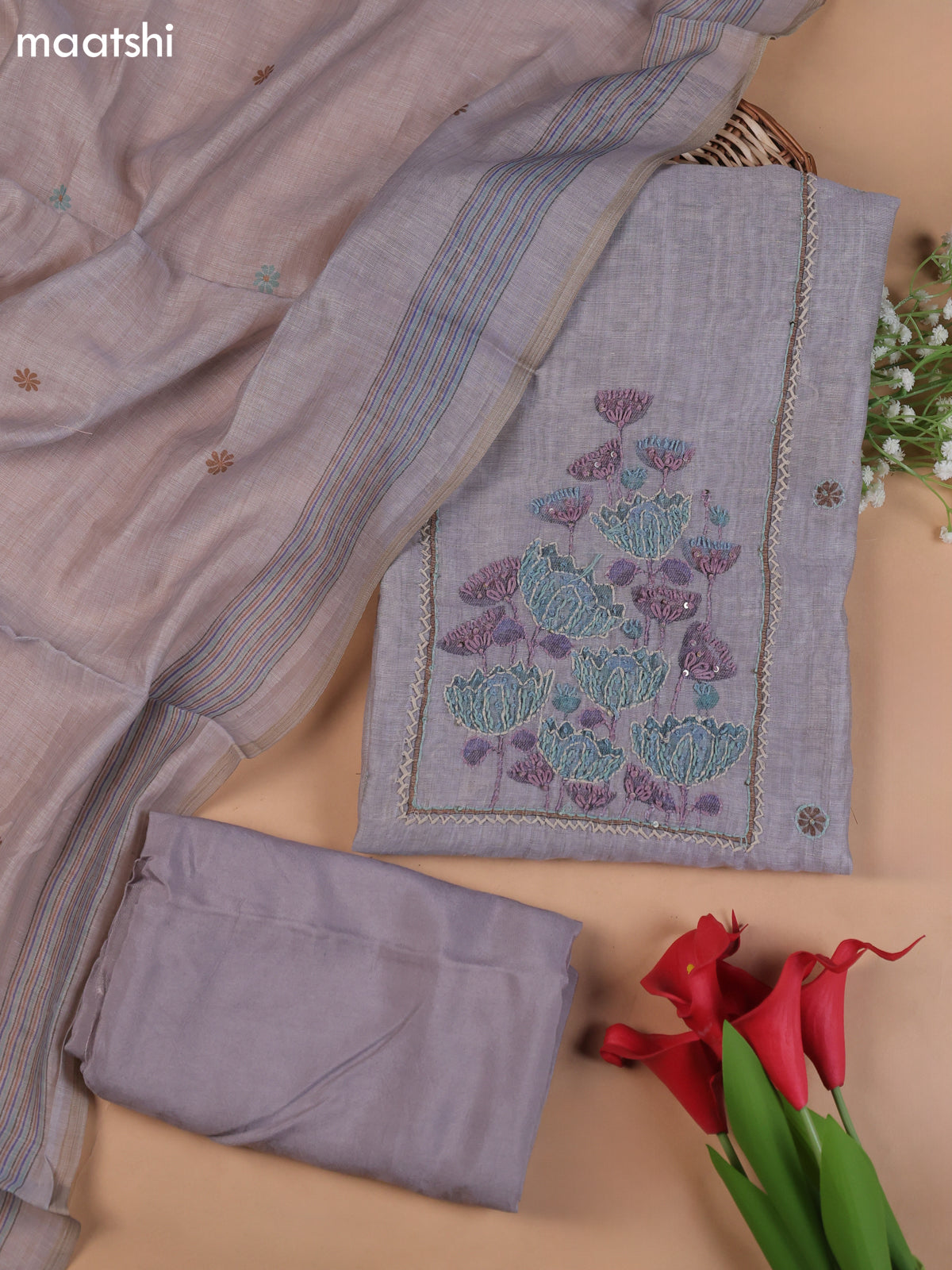 Pastel Purple Munga Cotton Dress Material With Embroidery Work Neck Pattern