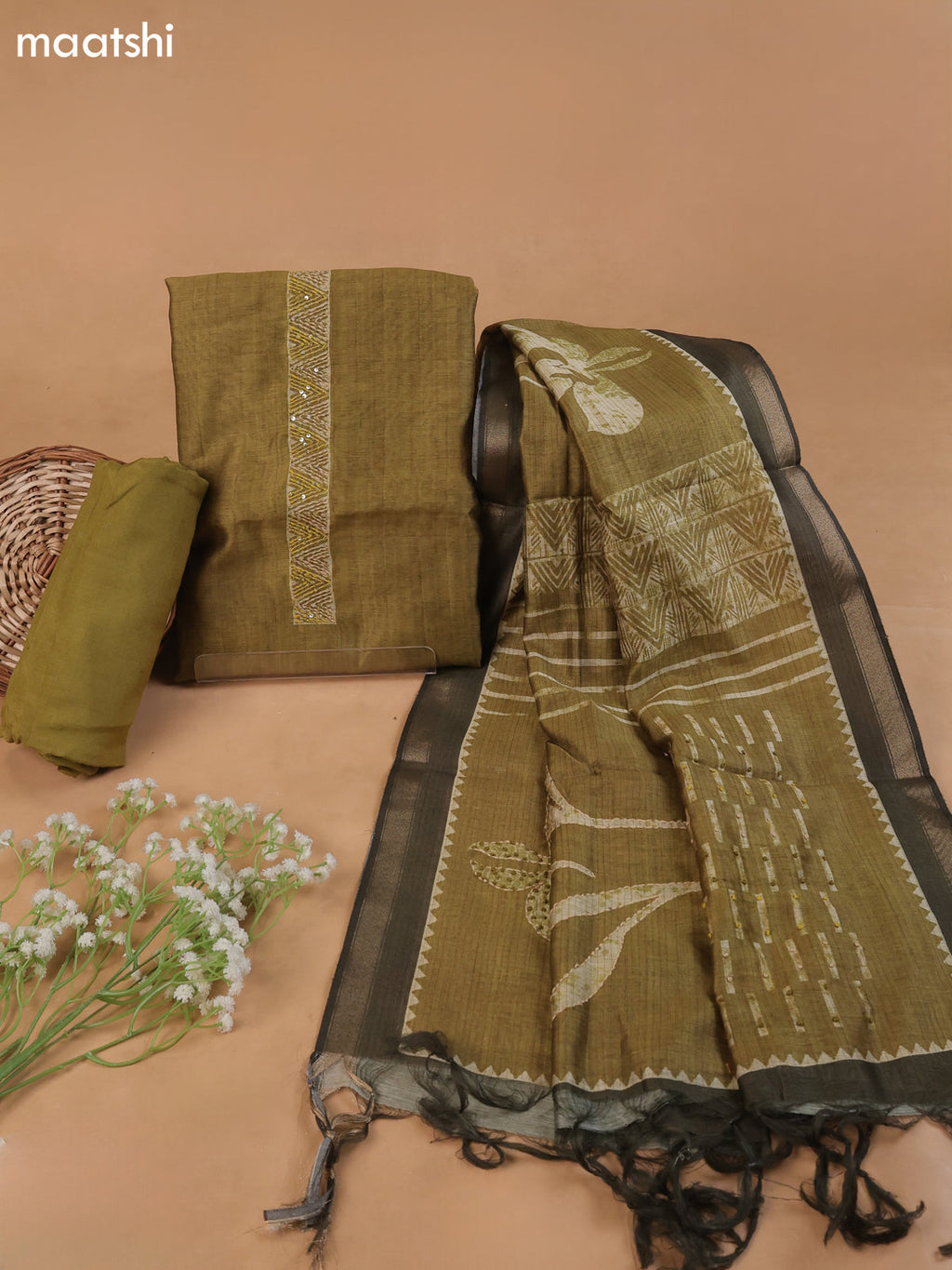 Mehndi Green Mul Chanderi Dress Material With French Knot Embroidery Work